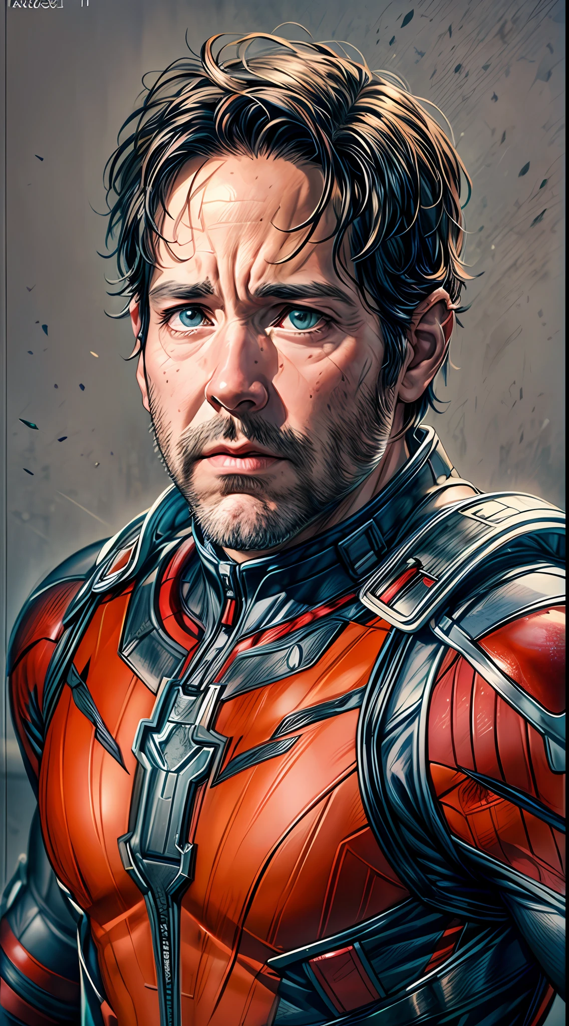 (RAW Photo, Best Quality), (Realistic, Photorealistic Photo: 1.3), Best Quality, Highly Detailed, Masterpiece, Ultra Detailed, Illustration, Marvel cinematic universe, marvel, Paul Rudd, Scott Lang as Ant-Man, background should be epic, upper body, high detail on dress, Best Quality, Extremely Detailed CG Unified 8k Wallpaper, Ink, Amazing, badass look, portrait, close up (skin texture), intricately detailed, fine details, hyperdetailed.