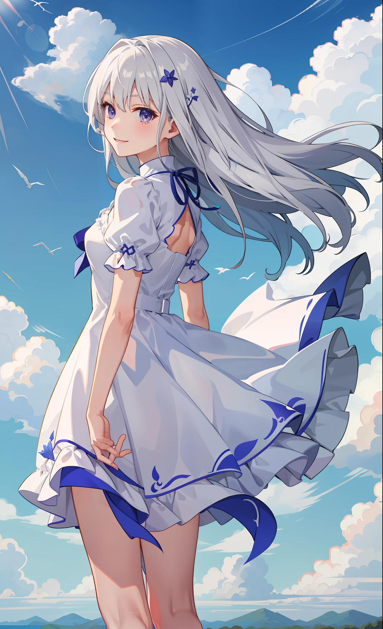 1girl in、A smile、blanche、fuffy dress、the wind、夏天、