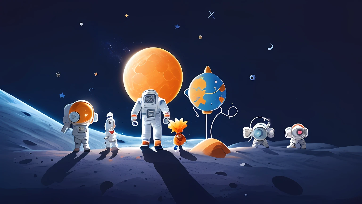 Cartoon illustration of astronauts and rockets on planets, cute 3 d render, small astronauts, On the moon, an octopus fighting an astronaut, astronaut on the moon, dressed in stars and planets, illustratio, space theme, The astronaut, on moon, themed on the stars and moon, In space, Stylized digital illustration, 8 K cartoon illustration