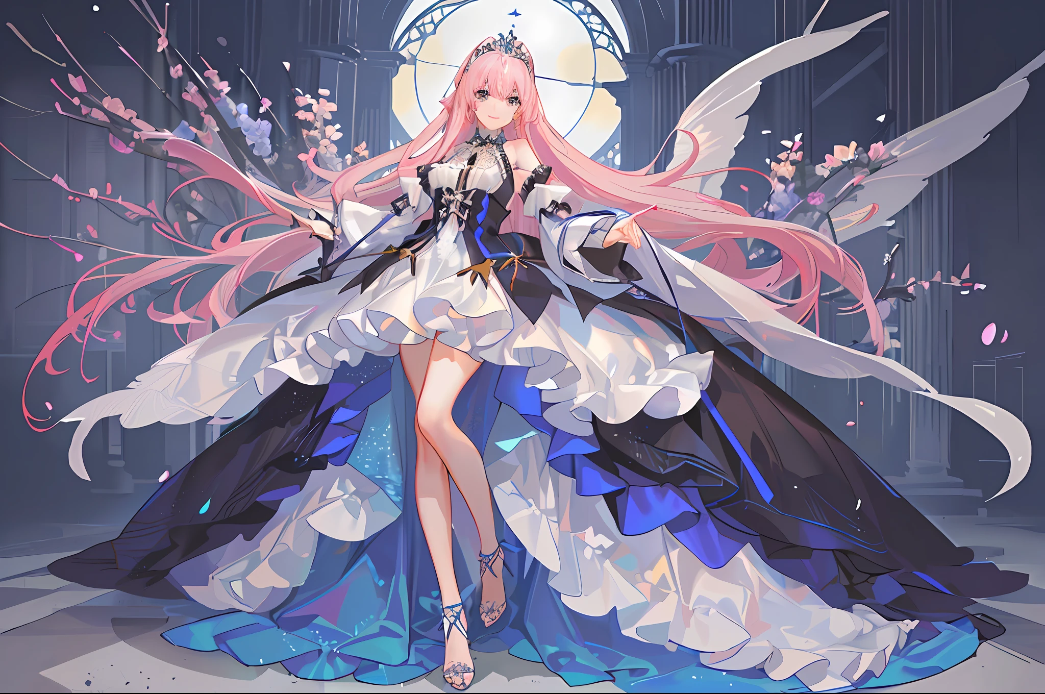 masterpiece,best quality,best quality,stunning,beautiful detailed eyes,1girl,exquisite details,depth of field,highly detailed cg unity 8k wallpaper,masterpiece,upper body,(vtuber Akua Minato),pink hair,blue striped hair,palace,holy,white long split mop dress,mature woman,standing,medium breasts,silver tiara,smile,black high heels, very long hair,body turned aside,jewelry,blue flowers in hair,gray eyes,closeup