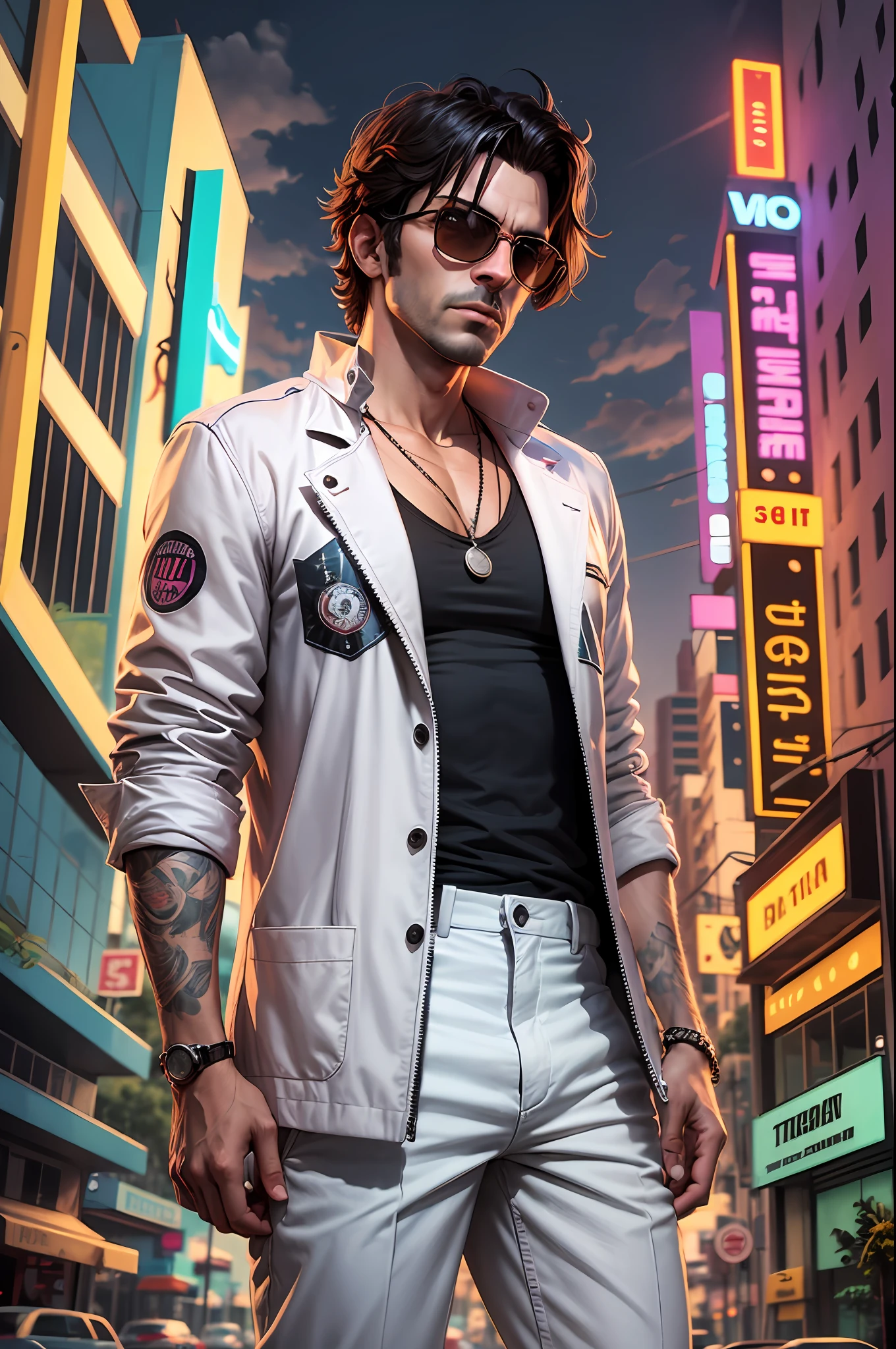 GTa vice City Stories player and Gta vice City Tommy vice City joint photo,in America Street , 8k Photo in HD quality,v-5 --auto --s2