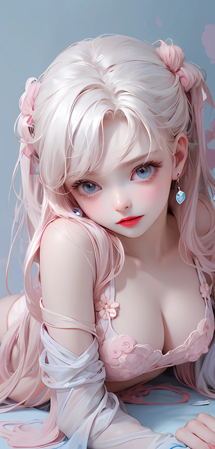 Light blue and pink color scheme,Sexy girl nipple,little body,Petite,White curly hair