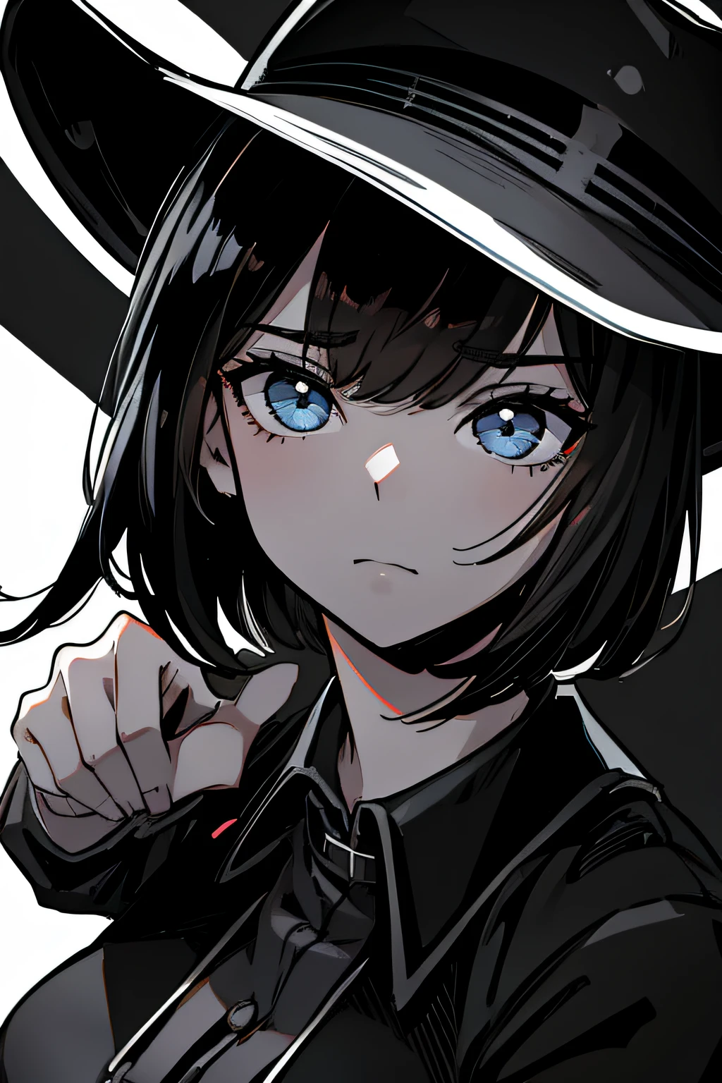(Comic Noir Style),(black-and-white_High contrast),(Laura Budd_Pictures:0.5),(Laura Badhandoff:1.2),(Cowboy Shot),(8K resolution)、8K、Less in 8K、8K resolution、high intricate detailed、((looking at the viewers))、 A detailed face, 1girl in, 独奏,A dark-haired、bob cuts、(No hat)、Female executives of the mafia、