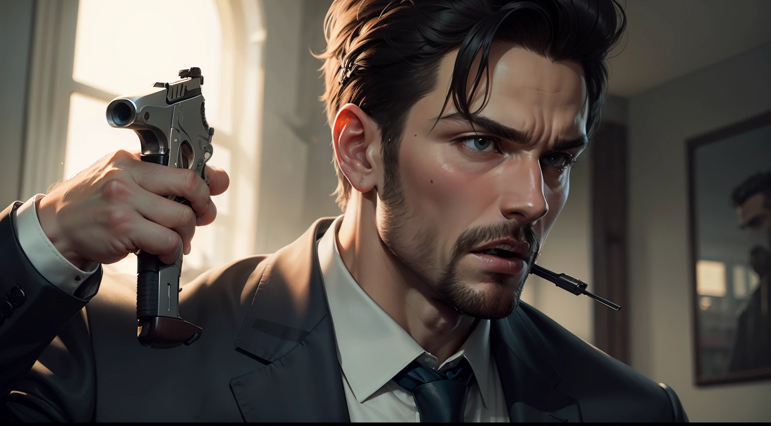 With a revolver in his hand