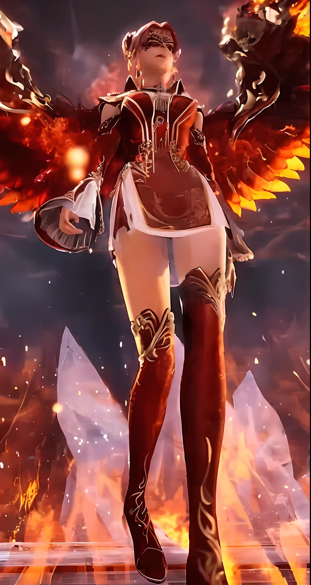 Close-up of a woman with fire and wings on stage, appears as the fire goddess, lineage 2 revolution style, Blade and soul, Epic angel wings, From Lineage 2, aion, wearing tumultus flames, From NCSOFT, hip skirt wings, with fiery golden wings, full body close-up shot, phoenix warrior