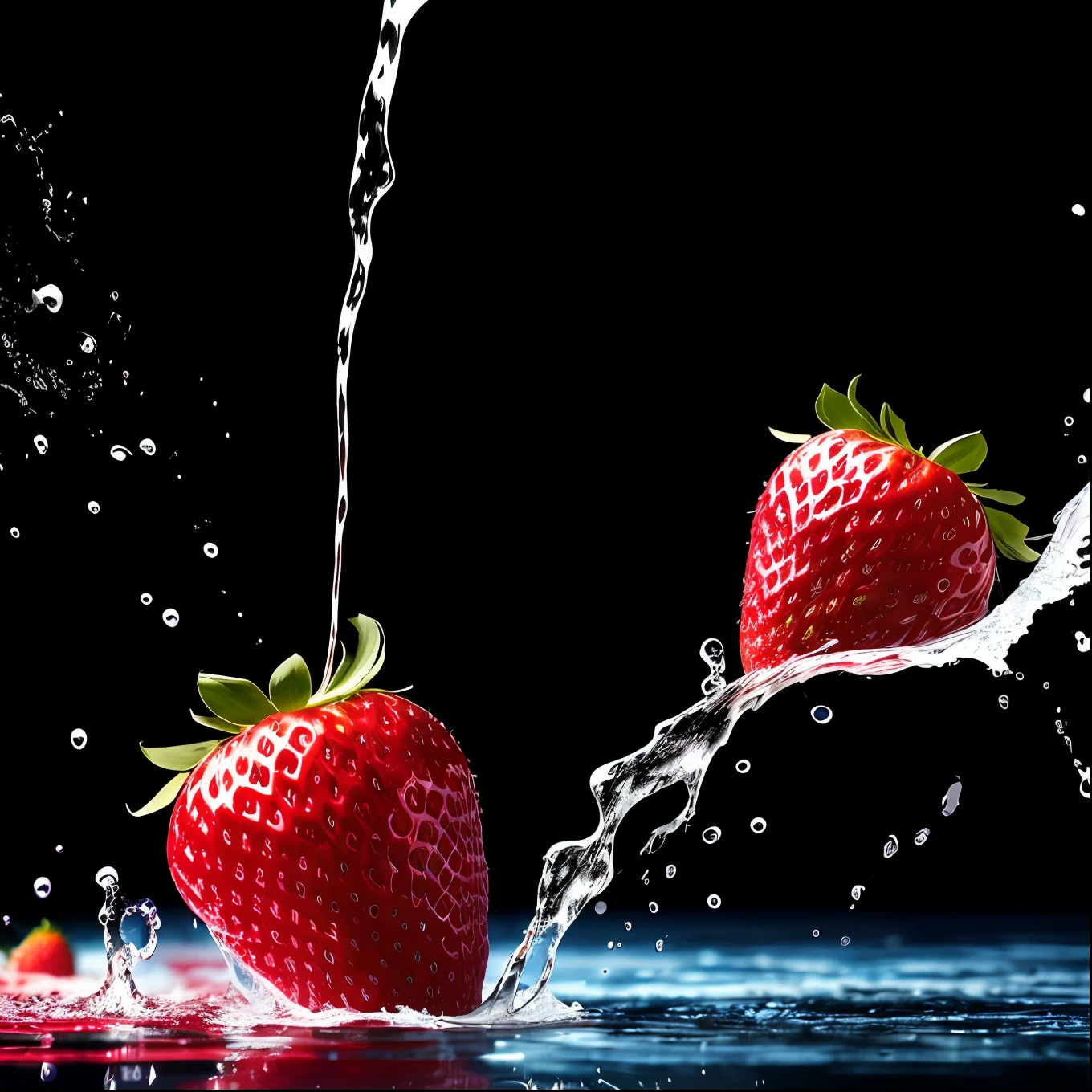 Product photo of 3 strawberries dropped,drippy、Splashing splashes,dynamic compositions,Epic reality,tmasterpiece,realisticlying,Super HD,Highest high resolution,HighestQuali,beautiful art