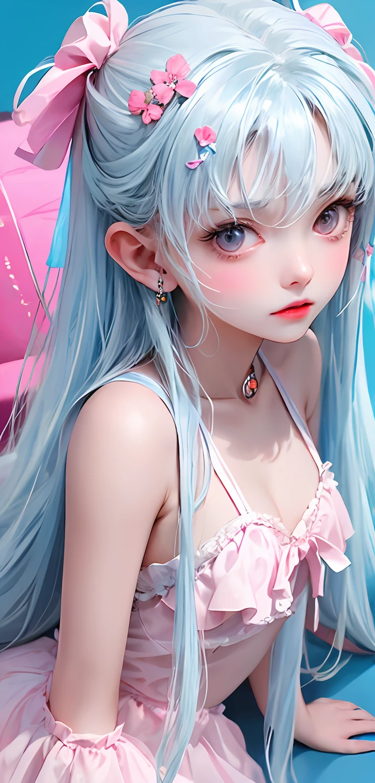 Light blue and pink color scheme,Sexy girl nipple,little body,Petite,White curly hair