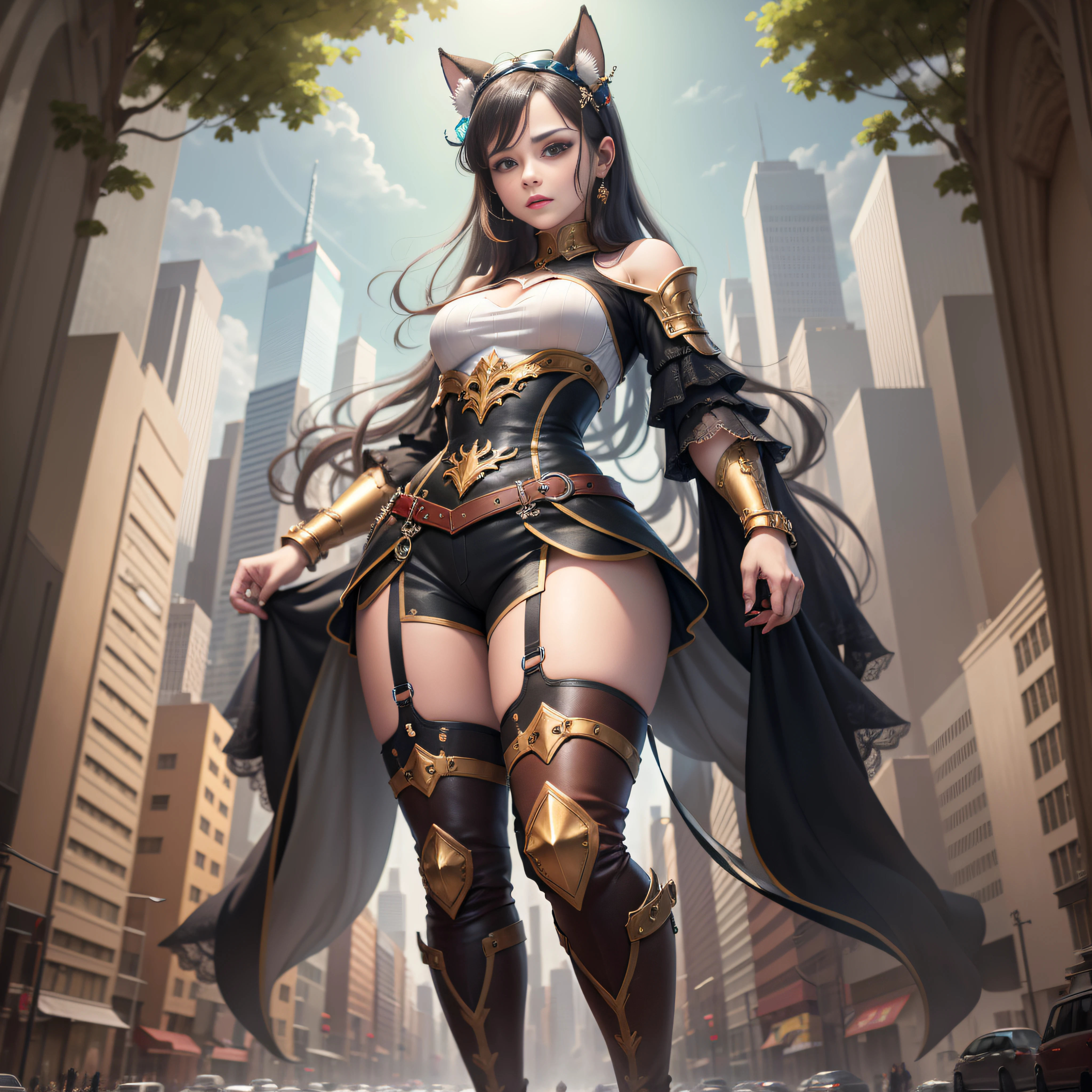 1 orc girl,Ultra-tall,The temperament of a queen,tmasterpiece,best qualityer,Hyper-detailing,Full body illustration,Fine and detailed eyes and detailed face) garments:There are animal ears,Facial expressions are abundant,The upper body is clothed,Wrap the whole body,The lower half of the body wears animal skin shorts,Wear knee-high boots,The cuff of the boot is covered with soft hair,The stands up,Go ahead,Taller than a tree,disrupt