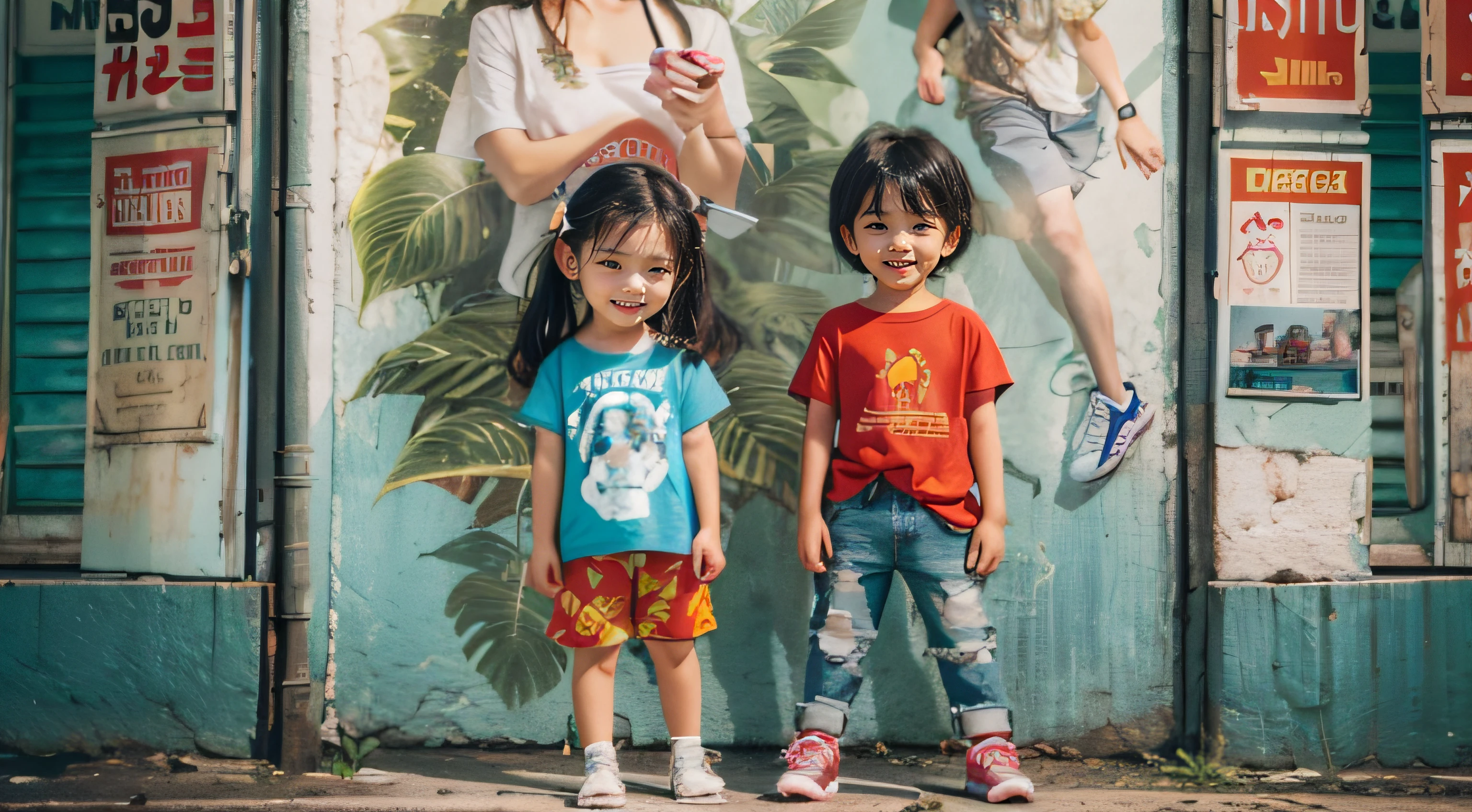 Highly detailed 8k wallpaper), sharp focus, detailed, dramatic, 1boy and 1girl, 7 , south east asian, child, ts trousers, sneakers