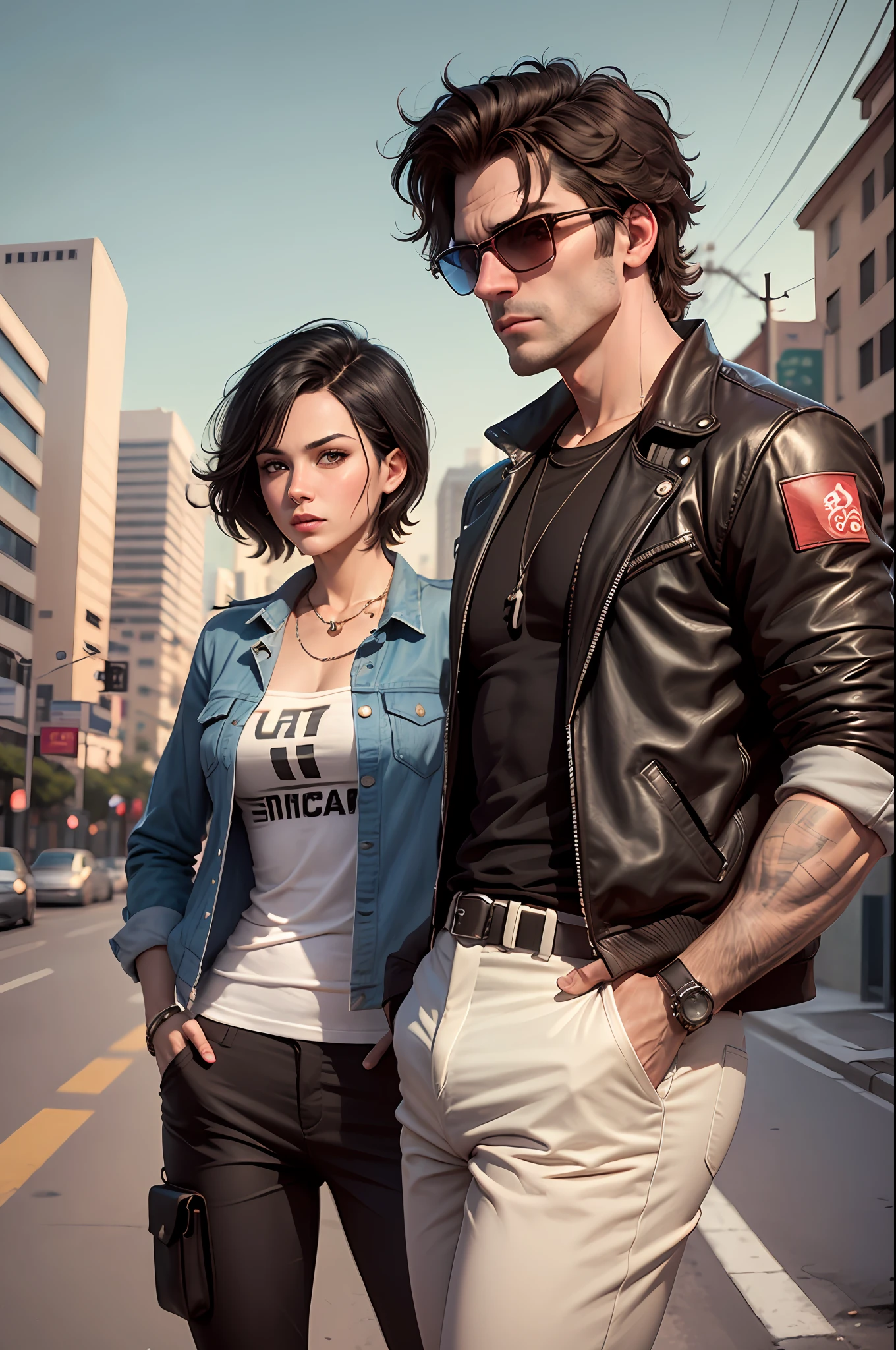 GTa vice City Stories player and Gta vice City Tommy vice City joint photo,in America Street , 8k Photo in HD quality,v-5 --auto --s2