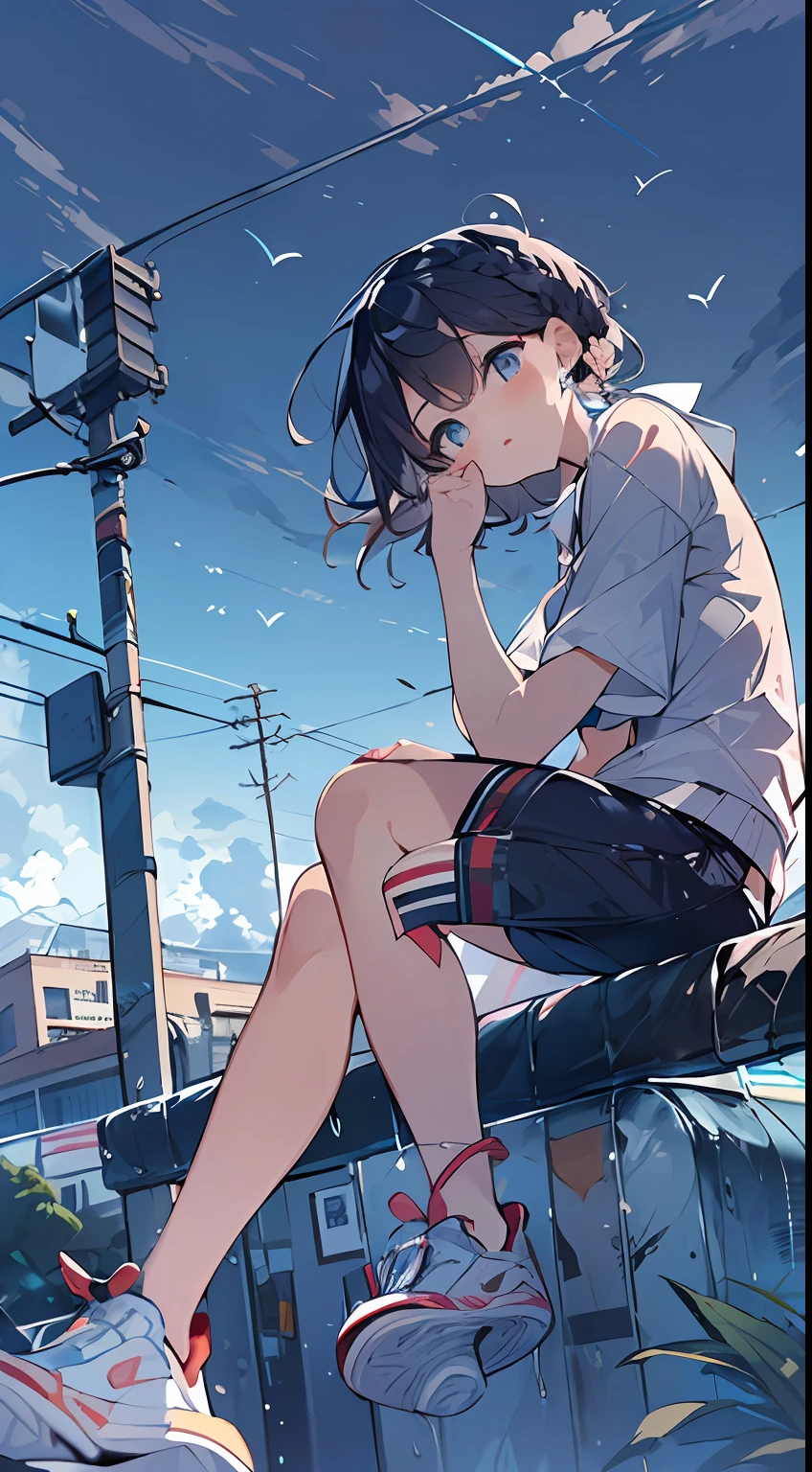 masutepiece, Best Quality,Illustration, Wallpaper, Ultra Detail, absurderes, 1girl in, Solo, (Medium short hair、short braided hair), Beautiful detailed eyes , (Street:1.3), Bright sky after rain、Hair that flutters in the wind,(a panoramic view:1.3),(Sense of depth:1.5),(longshot:1.3)