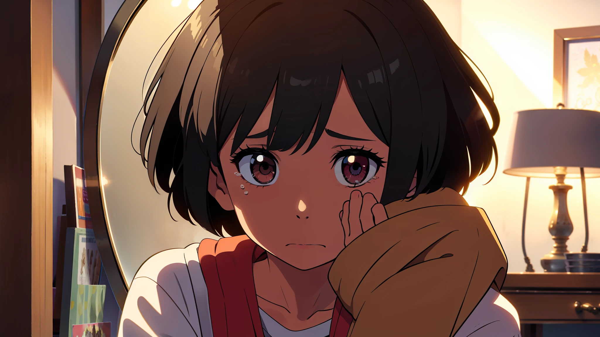 home,A girl with very short hair,looking in a mirror,Cry
