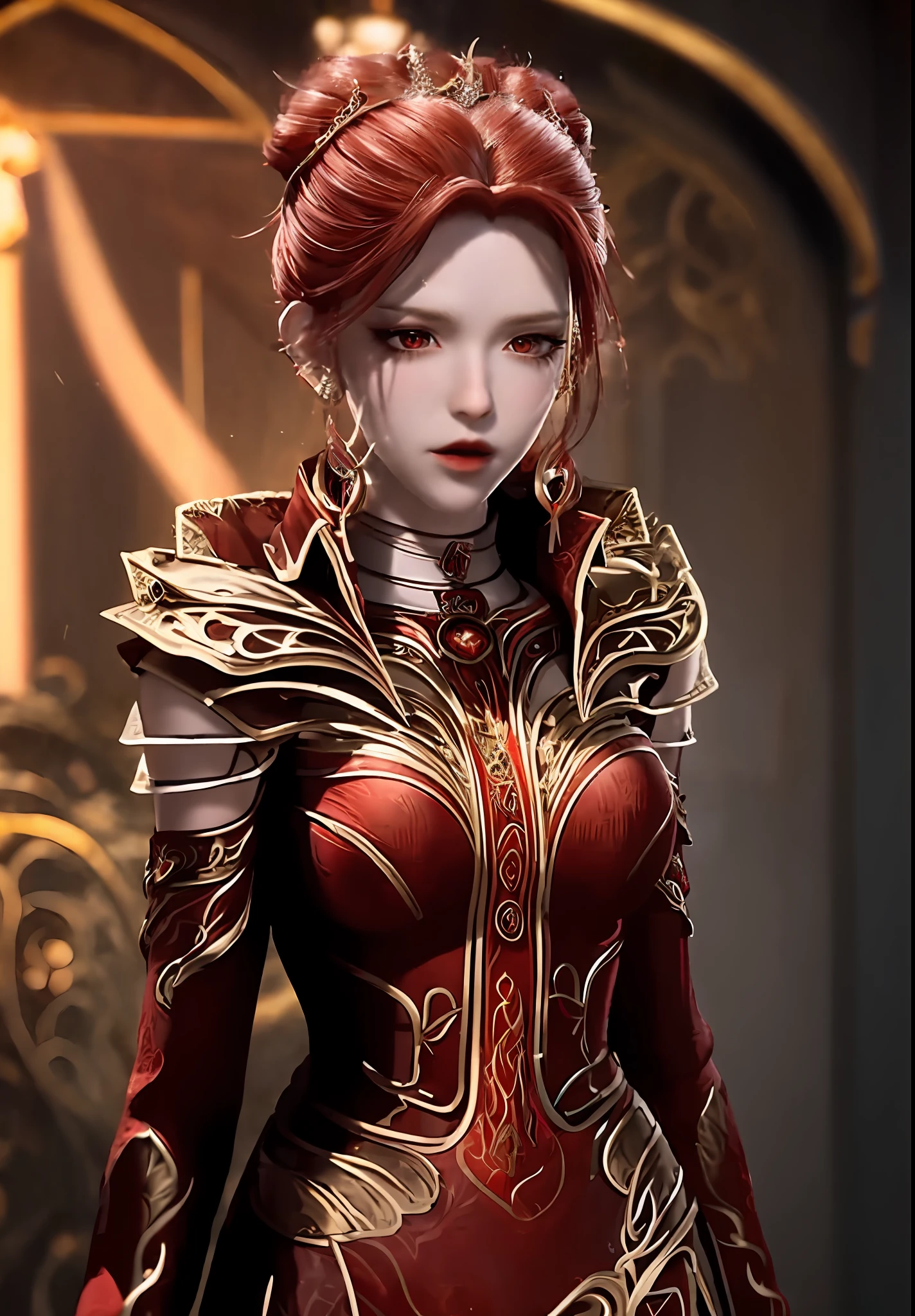 One wearing a red dress，Close up of red-haired woman, Female character, Game CG, portrait of a female mage, lineage 2 revolution style, diablo 4 lilith, lady in red armor, From Lineage 2, epic exquisite  character art, diablo 4 queen, fantasy character, inspired by Ju Lian, hyper-detailed fantasy character, sakimi chan