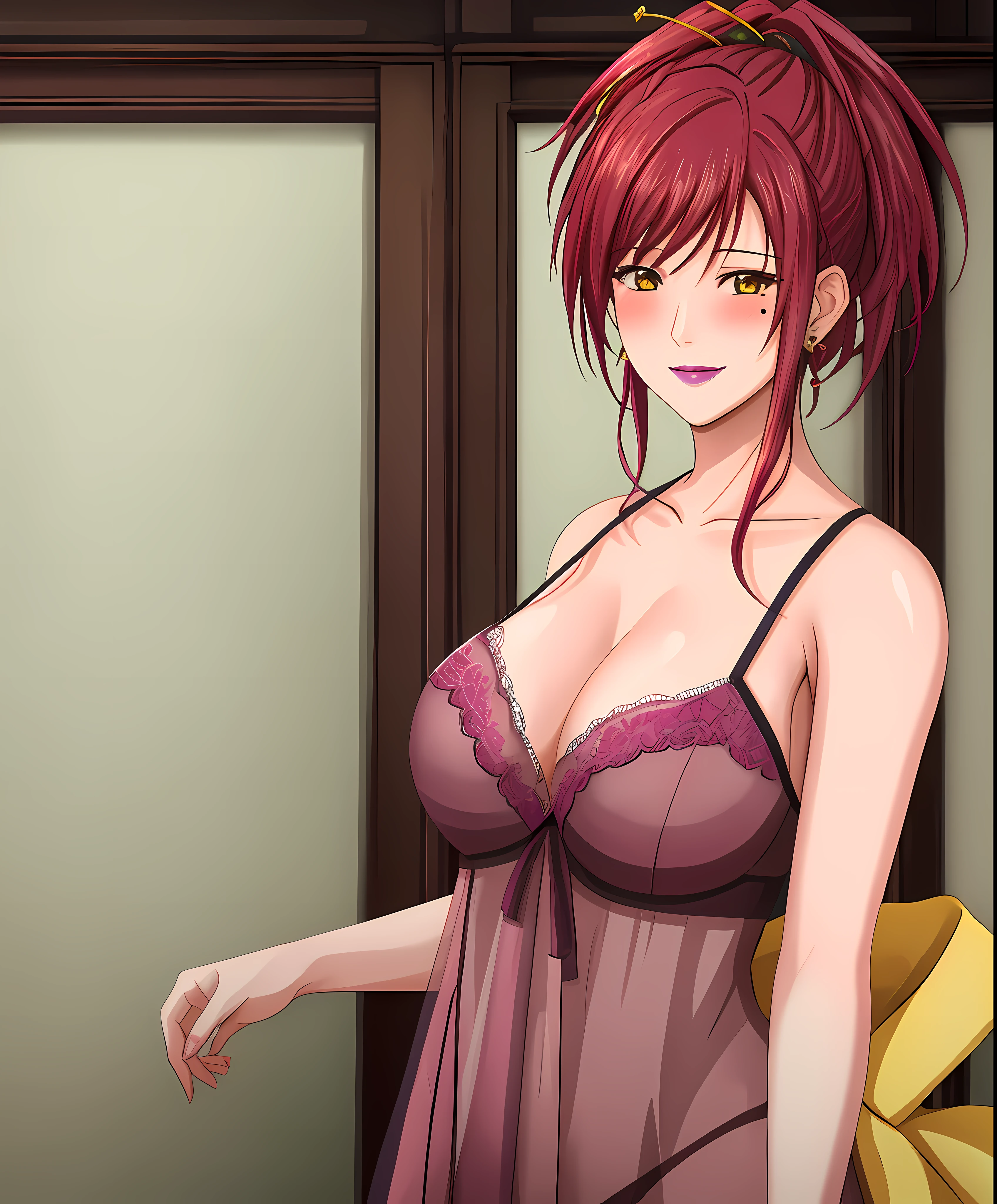 (Masterpiece, Best Quality, High Quality:1.4), professional artwork, Intricate Details, field of view, sharp focus, detailed painting, photorealistic lighting, trending on pixiv, (vivid lighting, vibrant colors:1.05), realistic shadows, ambient occlusion, 4K, Masterpiece, highres, absurdres, smiling,edgTemptation, a woman in a  sheered robe posing for a picture , wearing edgTemptation, Marie Mamiya, (red hair:1.05), hair ornament, lipstick, makeup, (mole under eye:0.9), ultra detail hair, ultra detail face, (yellow eyes:1.05), perfect eyes, perfect face, earrings, ( look, blush:1.2),