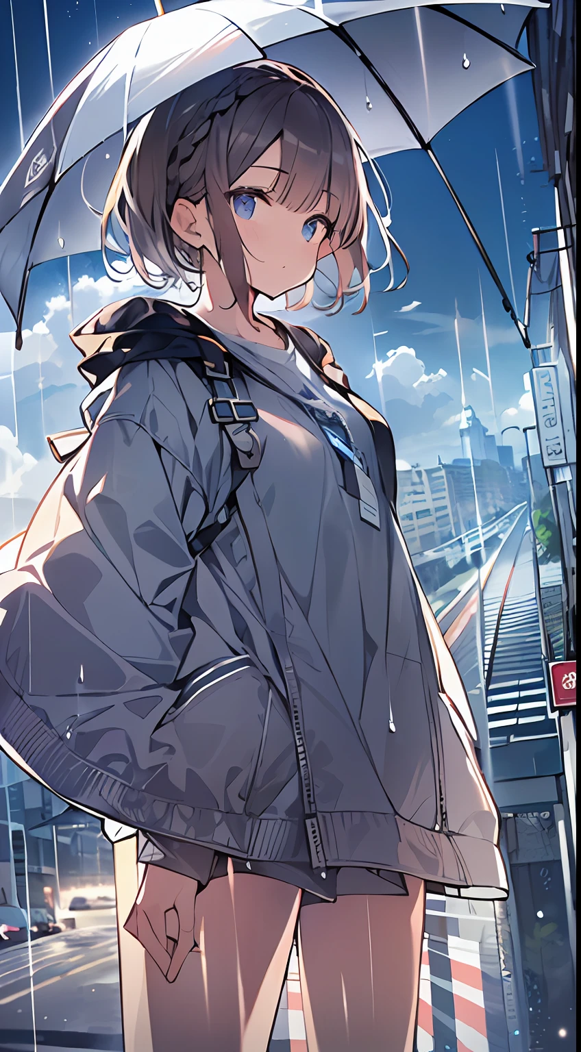masutepiece, Best Quality,Illustration, Wallpaper, Ultra Detail, absurderes, 1girl in, Solo, (Medium short hair、short braided hair), Beautiful detailed eyes , (Street:1.3), Bright sky after rain、Hair that flutters in the wind,(a panoramic view:1.3),(Sense of depth:1.5),(longshot:1.3)
