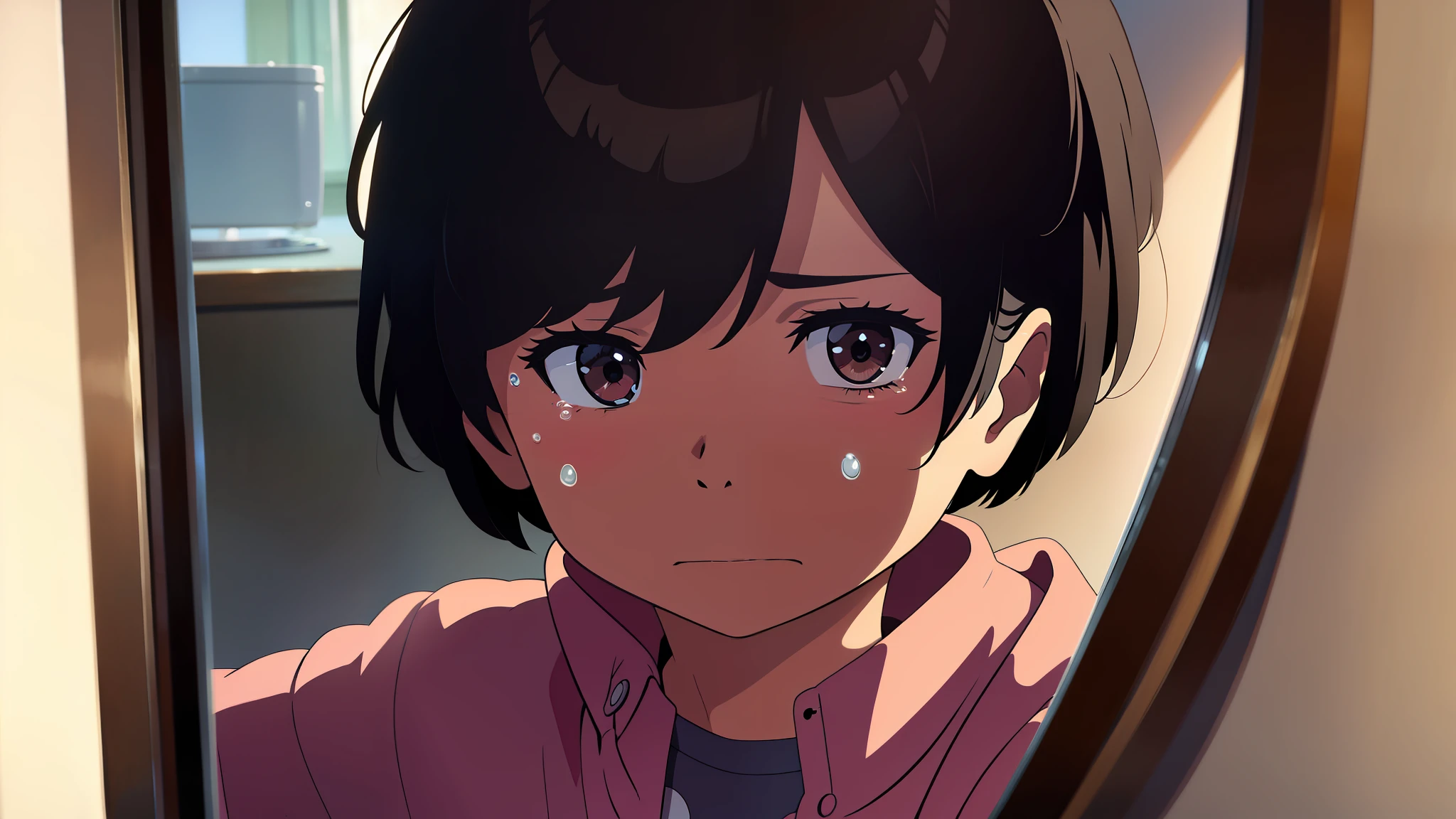 A little girl with short hair looks in the mirror,Cry