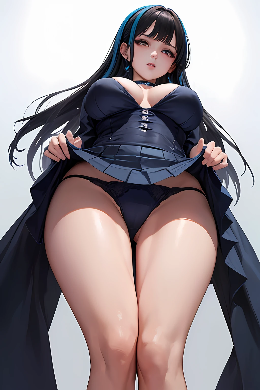 (((masterpiece、top-quality、top-quality、Official art、Beautifully Aesthetic:1.2)))、(1girl in:1.3)、ighly detailed、highestdetailed、A dark-haired、(((a miniskirt)))、(((Blue underwear)))、(shinny skin)、(Many colors:1.4)、Colossal tits、large full breasts、Sheer areol