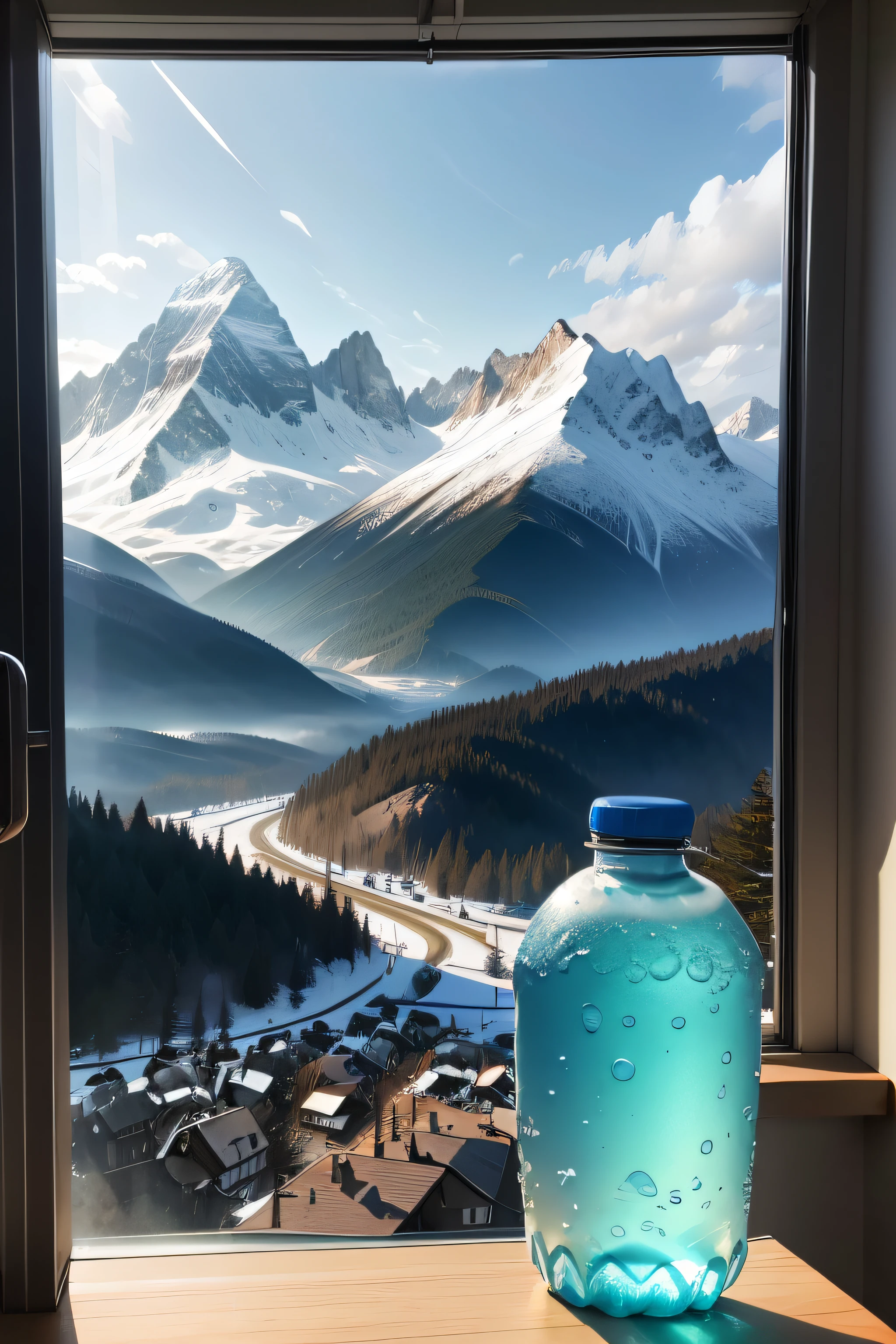 Mineral water bottles in the kitchen, Outside the window there are mountains