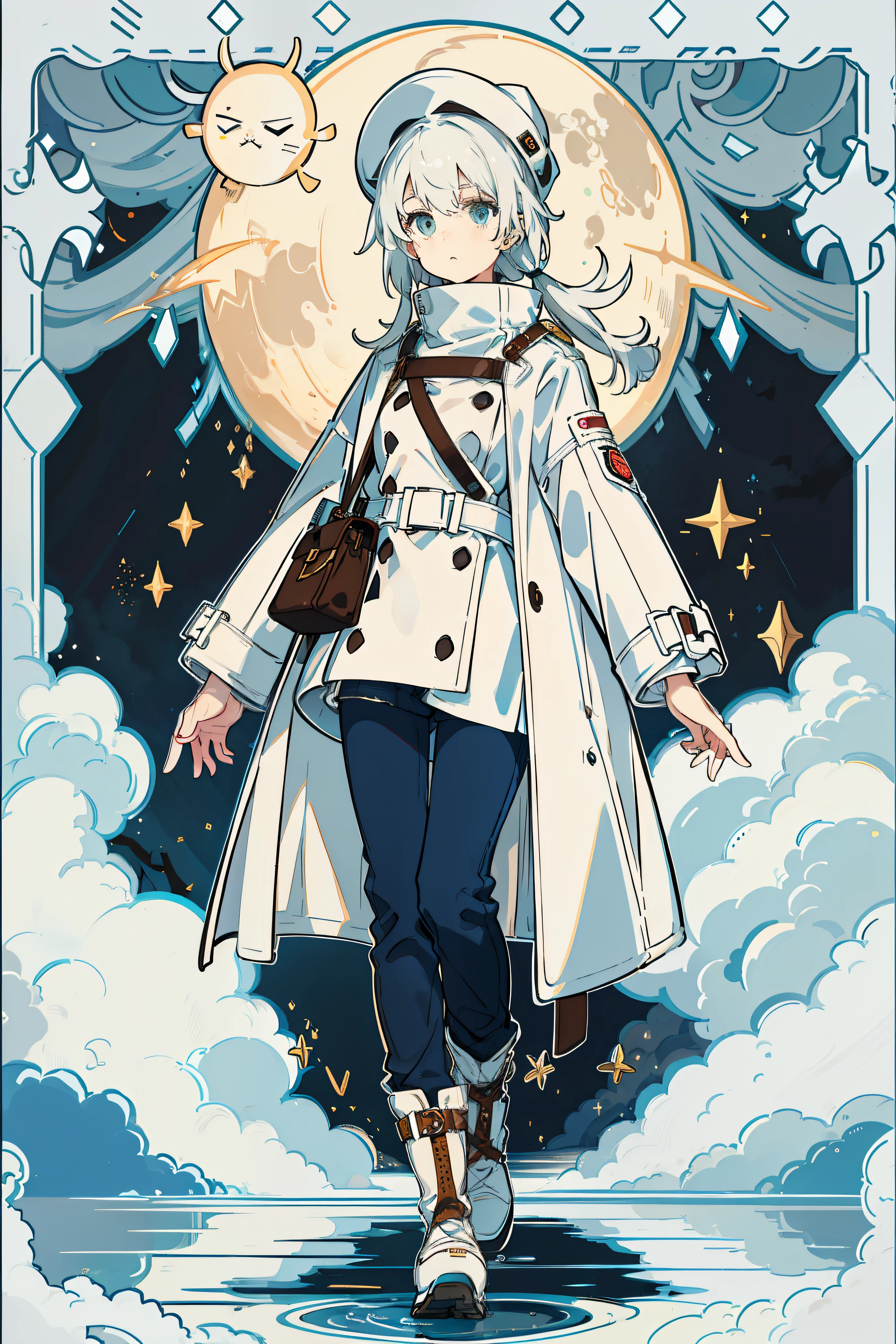 On the streets at night,A bright moon hangs in the sky。A young girl,Wear a white hat,Wear a white turtleneck sweater,Wears a long brown trench coat,Wear a pair of jeans over your legs,Wearing hiking boots on his feet,