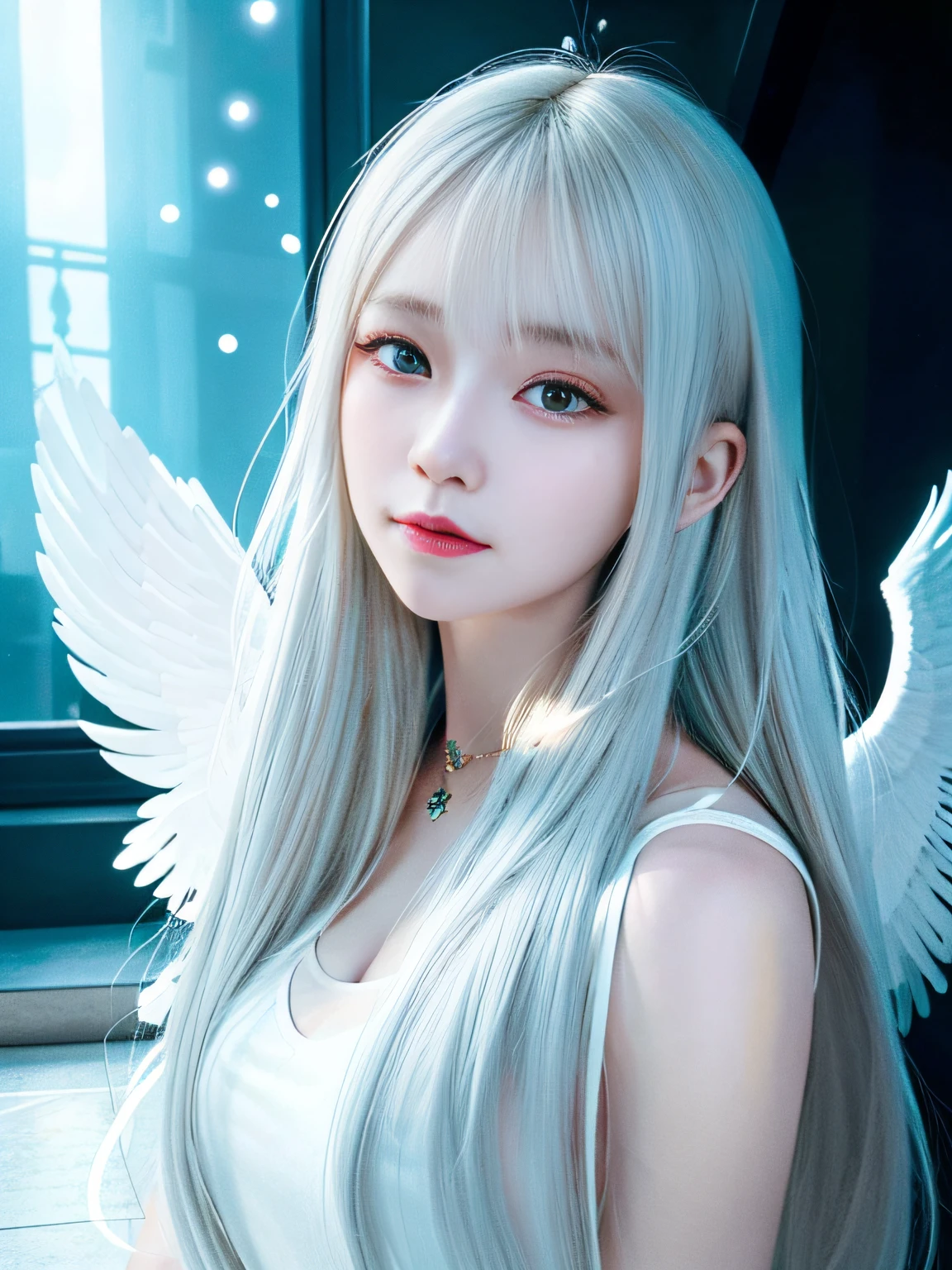 Masterpiece, Best quality, Ultra-detailed, illustration, Close-up, straight on, Face focus, 1girll, White hair, Golden eyes, Long hair, Halo, Angel wings, Serene expression, view the viewer