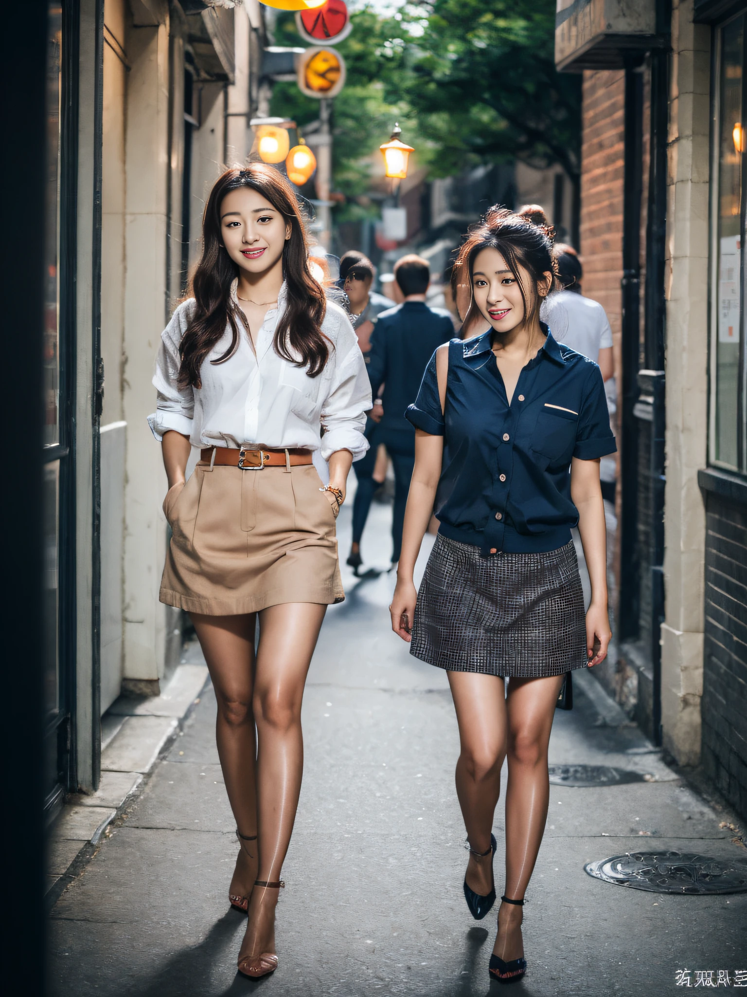 ,(RAW photo:1.2), (Photorealistic:1.4), Street photography,Beautiful Meticulous Girl, very detailed eyes and faces, Beautiful detailed eyes, ultra - detailed, A high resolution, The is very detailed，best qualtiy，tmasterpiece，Stylish clothes，a skirt，illustratio，The is very detailed，unified，8k 壁纸，finely detailled，tmasterpiece，best qualtiy，Unity8k wallpapers，light in face，cinmatic lighting, 3个女孩, 16 years old，(Camel toes)，(full bodyesbian)，are standing，鎖骨，Stylish clothes,Long legs，high-heels，the street，城市