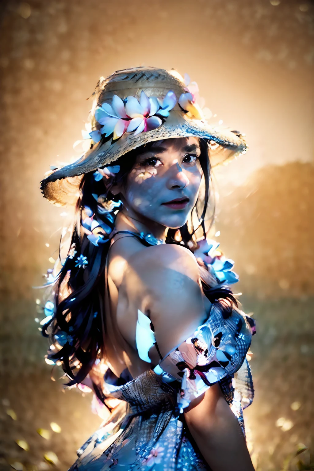 (extreme close up:1.5), (face focus:2),(Style of ???? ???:1.5),
((side face:2)),(1girl surrounded by soft_light:1.5), (backlighting:1.8), (lighting),(flowing fabric:1.3), ((Floral_summer_dress:1.5),(Straw_hat:1.3)),
(masterpiece), realistic, HDR, highly detailed, 8k, raw photo,
ambient occlusion, natural, harmonious composition, warm tones, fine art photography,