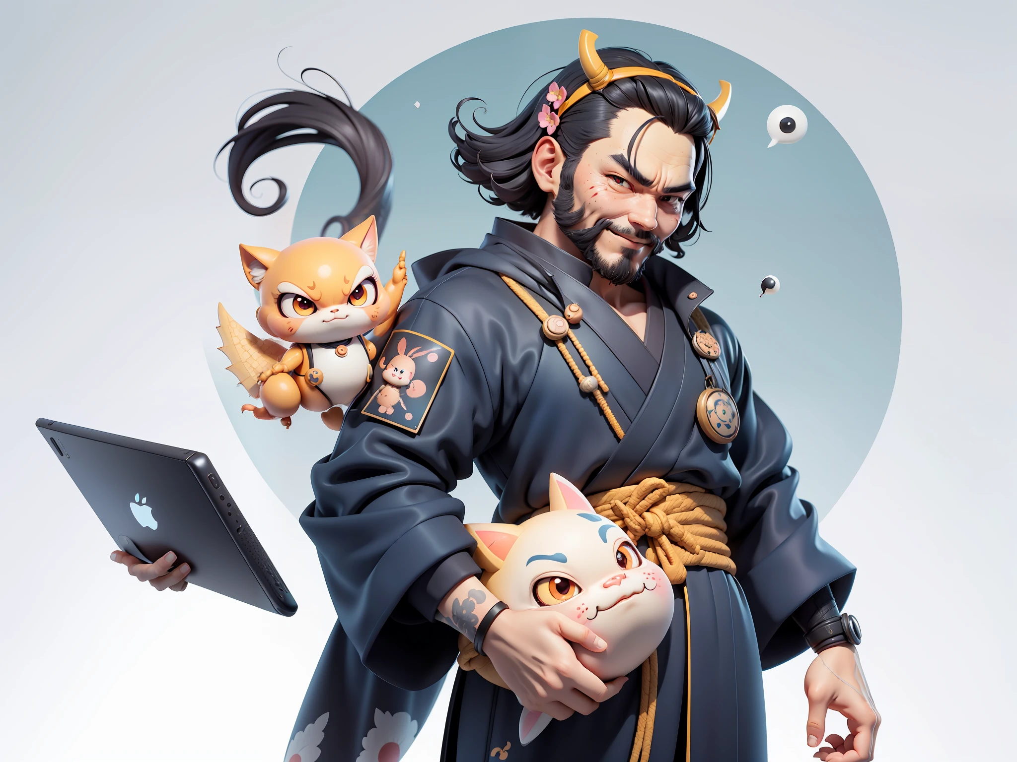 (Daisaku),(Need),(Super meticulous),(full bodyesbian:1.2),Japanese ukiyo-e girl,japanese geisha,Beautiful,Oriental dragon,Aeolian Thor,Raised sexy,爆乳,Oriental face,TV Anchor,Bust portrait illustration,Alone,In black suit,a blue tie,The face is slightly chubby,The face was clean,without a beard,Black super short hair,Black eyes,Smile confidently,3C computer sub-products,iPad, iphone,Digital painting,3D character design by Mark Clairen and Pixar and Hayao Miyazaki and Akira Toriyama,The illustration is a high-definition illustration in 4K resolution,With very detailed facial features and cartoon-style visuals。