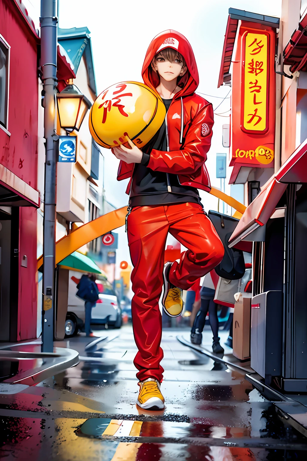 Man in red hoodie,Holding red and yellow signs,