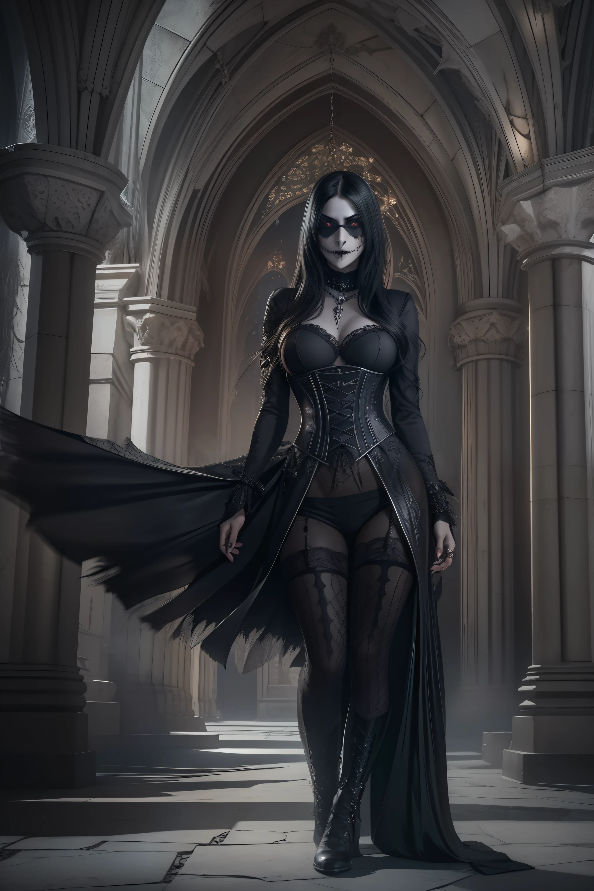 "Photorealistic Images: {A mysterious woman, her features hidden behind a pitch-black ninja mask adorned with intricate patterns of gemstones. Her long raven-black hair cascades down her shoulders, intermingled with silver chains. She's clad in dark gothic attire, replete with lace, leather, and velvet. Her corset is studded with amethyst and obsidian, reflecting the pale light of the moon}, Gothic Ninja, Gothic Architecture Backdrop, Front View, (Studio Lighting:1.2), (Sharp Focus:1.25), (8K:1.3). Environment: A dilapidated Gothic cathedral with hauntingly beautiful stained glass windows."