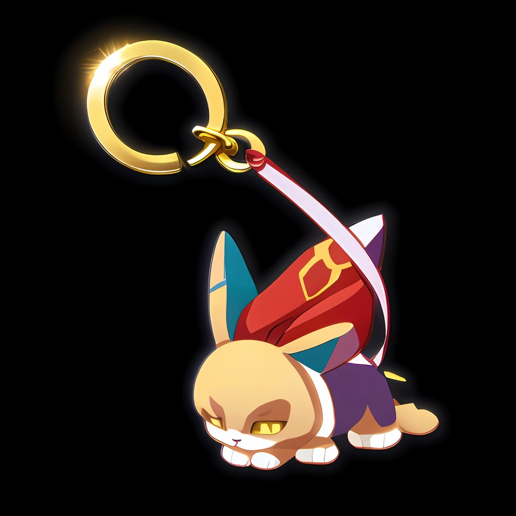 a keyring with long gold strap,An item icon in a two-dimensional game like Zelda,two cat ears on it,in the style Illustartion design,Ghibli Studio style,bunnycore,use of soft colors,red,black and gold color,tilt-shift,close-Up(CU)