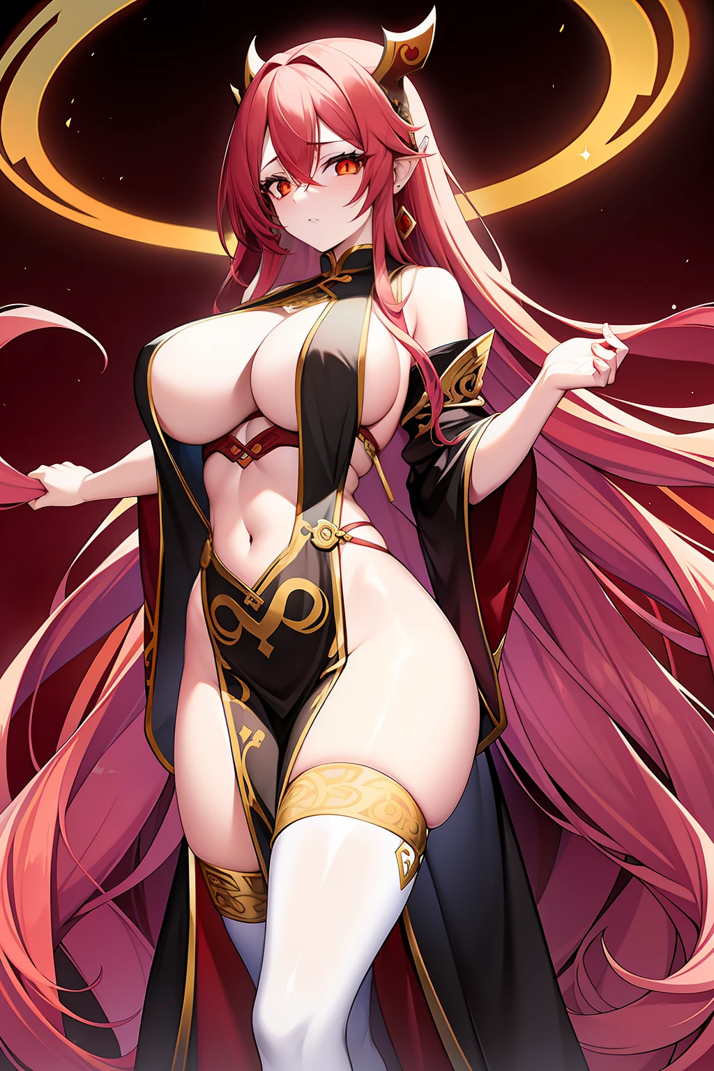 Una mujer hermosa madura , Long straight crimson hair and golden eyes, white pale skin ,  un cuerpo voluptuoso con  pechos enormes y muslos gruesos, He wore dark Taoist robes with gold patterns.