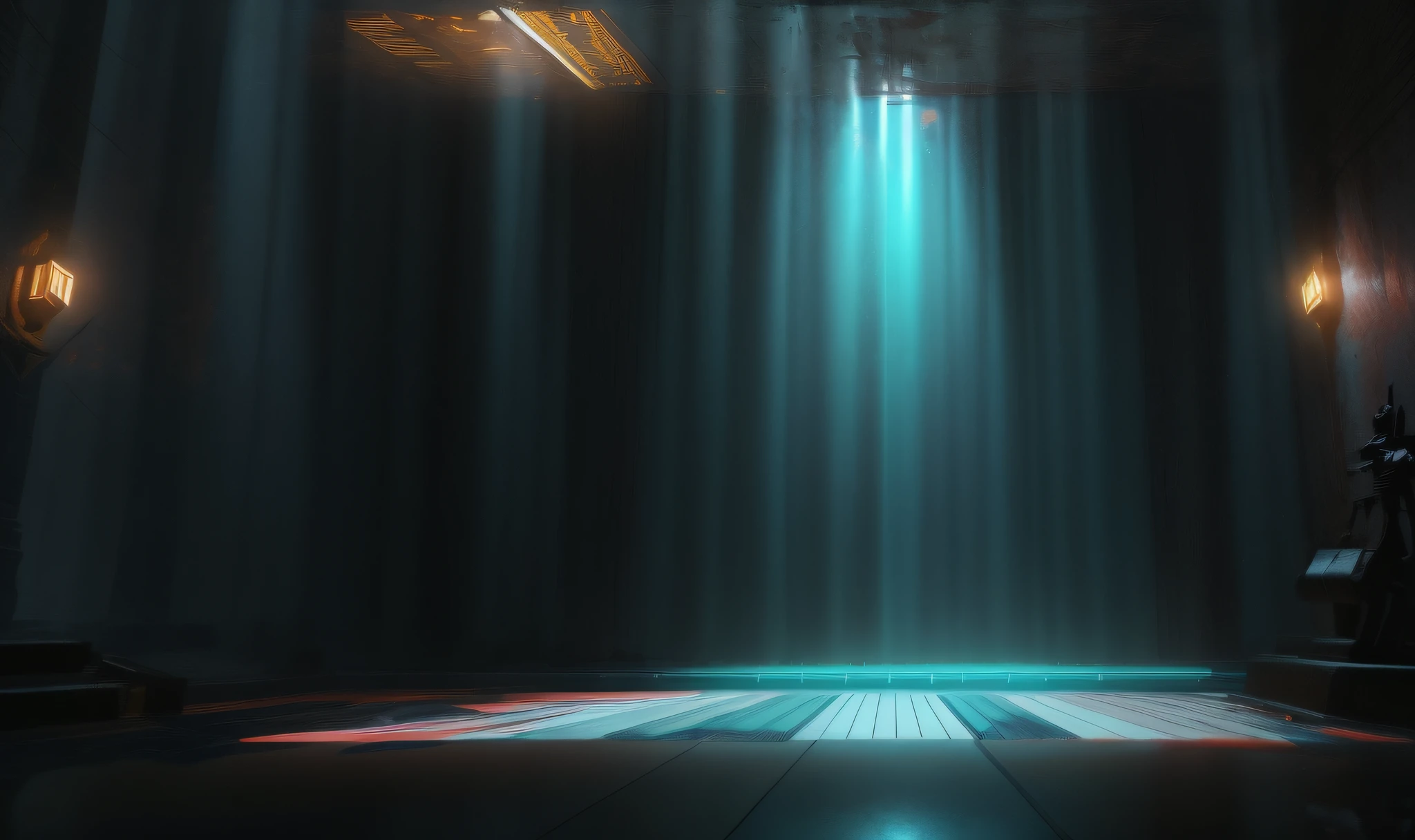 There is a room with a red carpet and a red carpet, Screenshots of internal gameplay, Emissive illumination, video game screenshot>, detailed lighting and textures, Detailed textures and lighting, bioshock infinite style, rendered in unity 3 d, high res eautiful lighting, small chamber. Hyperrealistic, Blue vibe，Atmospheric perspective，
