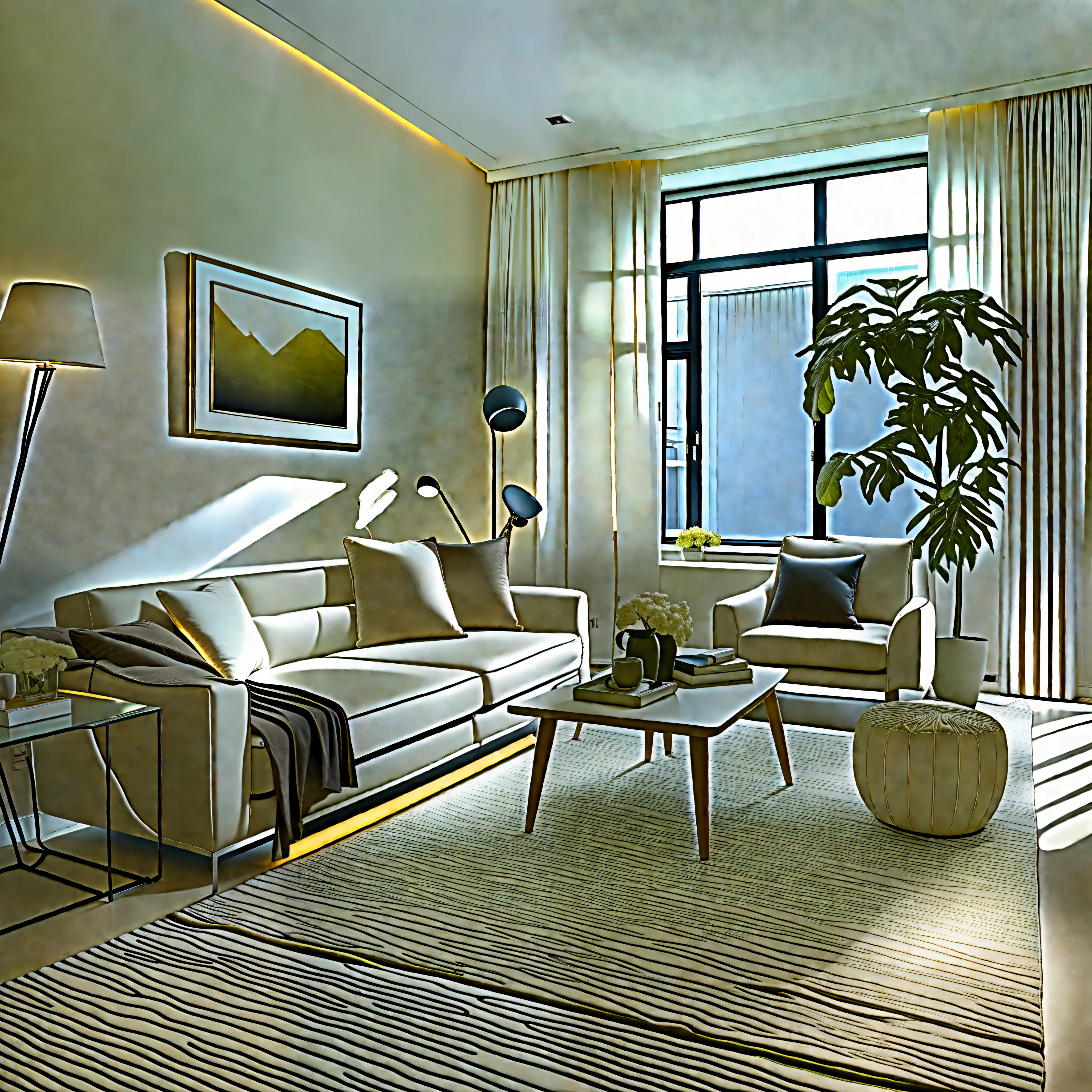 Simple modern living room, White walls, Large windows, com cores neutras, Clean lines, Modern furniture, armchair, coffee table, rug, TV cabinet, Open space, houseplant, Soft lighting, Under the light, high resolution