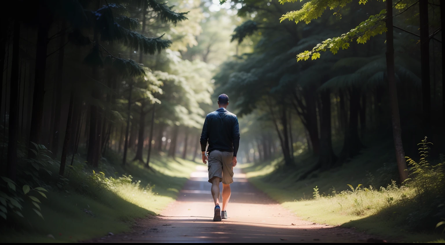 Um homen caminhando na floresta ,(clima ensolarado) , lente 24mm, 8,k, cena de filme