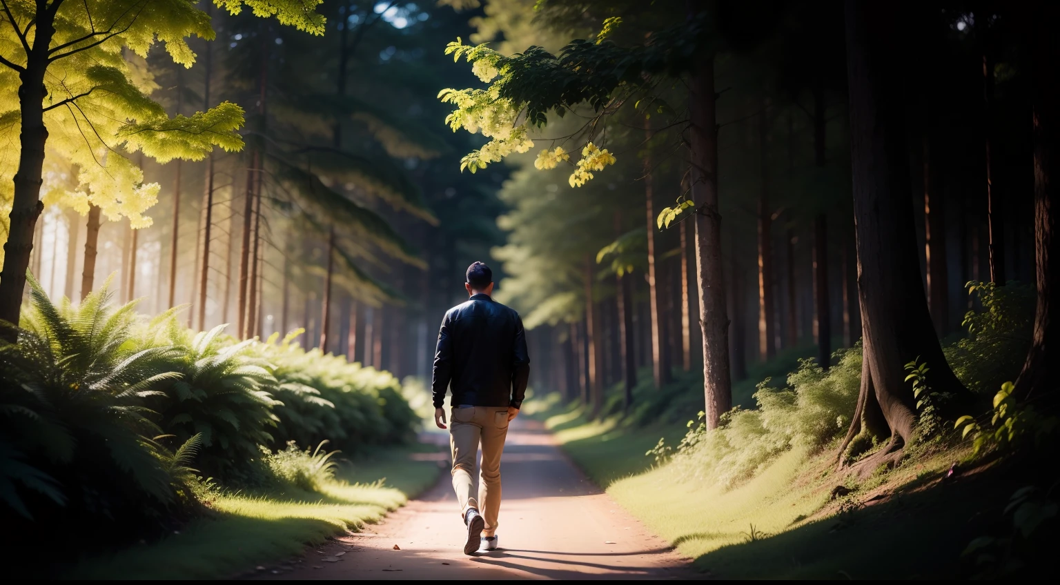 Um homen caminhando na floresta ,(clima ensolarado) , lente 24mm, 8,k, cena de filme