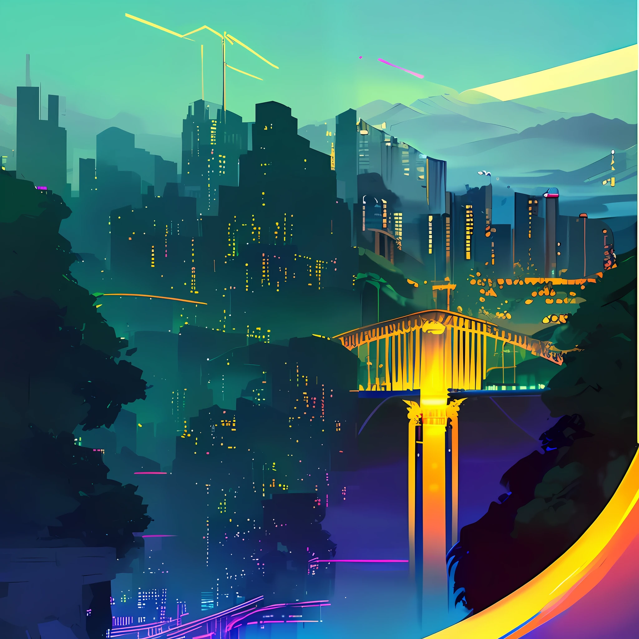 Brightly lit cityscape with bridges and mountains in the background, jen bartel, art deco outrun anime aesthestic, poster illustration, glowing lights! Digital Painting, Kilian en vivid colors, background artwork, Official art, tall bridge with city on top, Killian English Bright Colors, Background art, stylized digital illustration, by Kilian Eng, Travel Posters