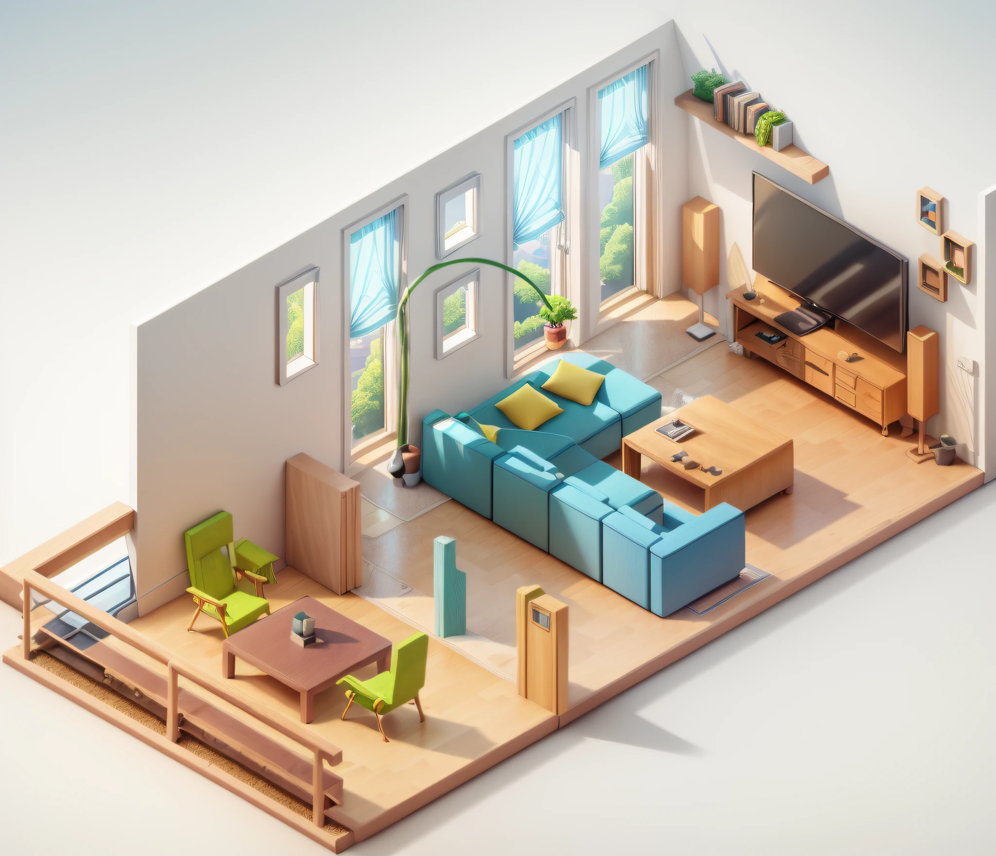 (Isometric perspective:1.5),(Pixar style:1.2), Room, bed, sofa,(small bonsai:0.8),desk lamp, TV, mural, 3D,Disney,Panoramic photo,White background, solid background,Global illumination, raytracing, modeling,HDR,octane render,unreal render,behance,dribbble,artstation,best quality, 8k,
