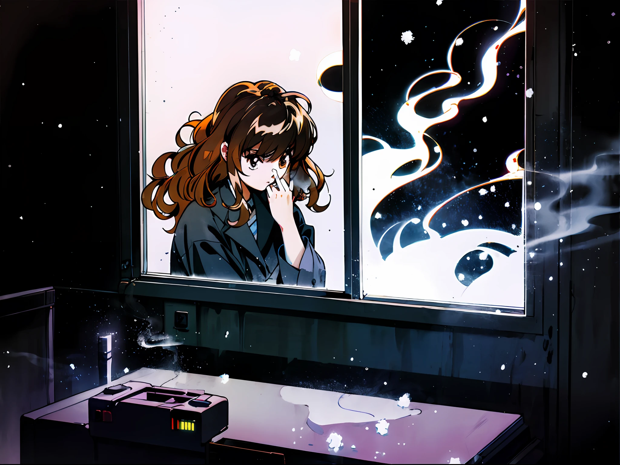 Taiga Aisaka smoking a cigarette looking out the window in a bedroom, (night), winter, (neon lights), VHS, vintage, manga style, snow, black background, (bangs), wavy hair, glitch art, light brown hair