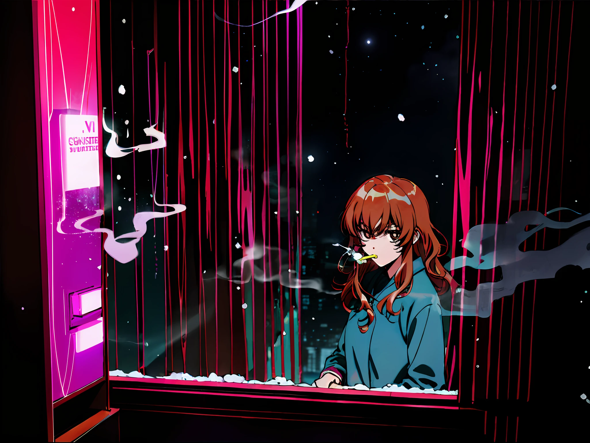 Taiga Aisaka smoking a cigarette looking out the window in a bedroom, (night), winter, (neon lights), VHS, vintage, manga style, snow, black background, (bangs), wavy hair, glitch art, light brown hair