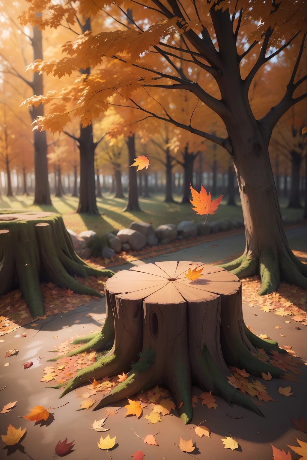 falling leaf, Autumn, The tree stump is located on the right side of the frame, Falling leaves in the sky, ray tracing, UHD, high details, best quality, super detail, ccurate