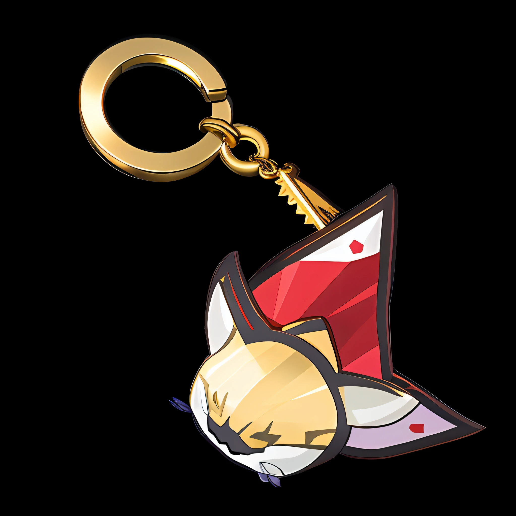 a keyring with long gold strap,An item icon in a two-dimensional game like Zelda,two cat ears on it,in the style Illustartion design,Ghibli Studio style,bunnycore,use of soft colors,red,black and gold color,tilt-shift,close-Up(CU)