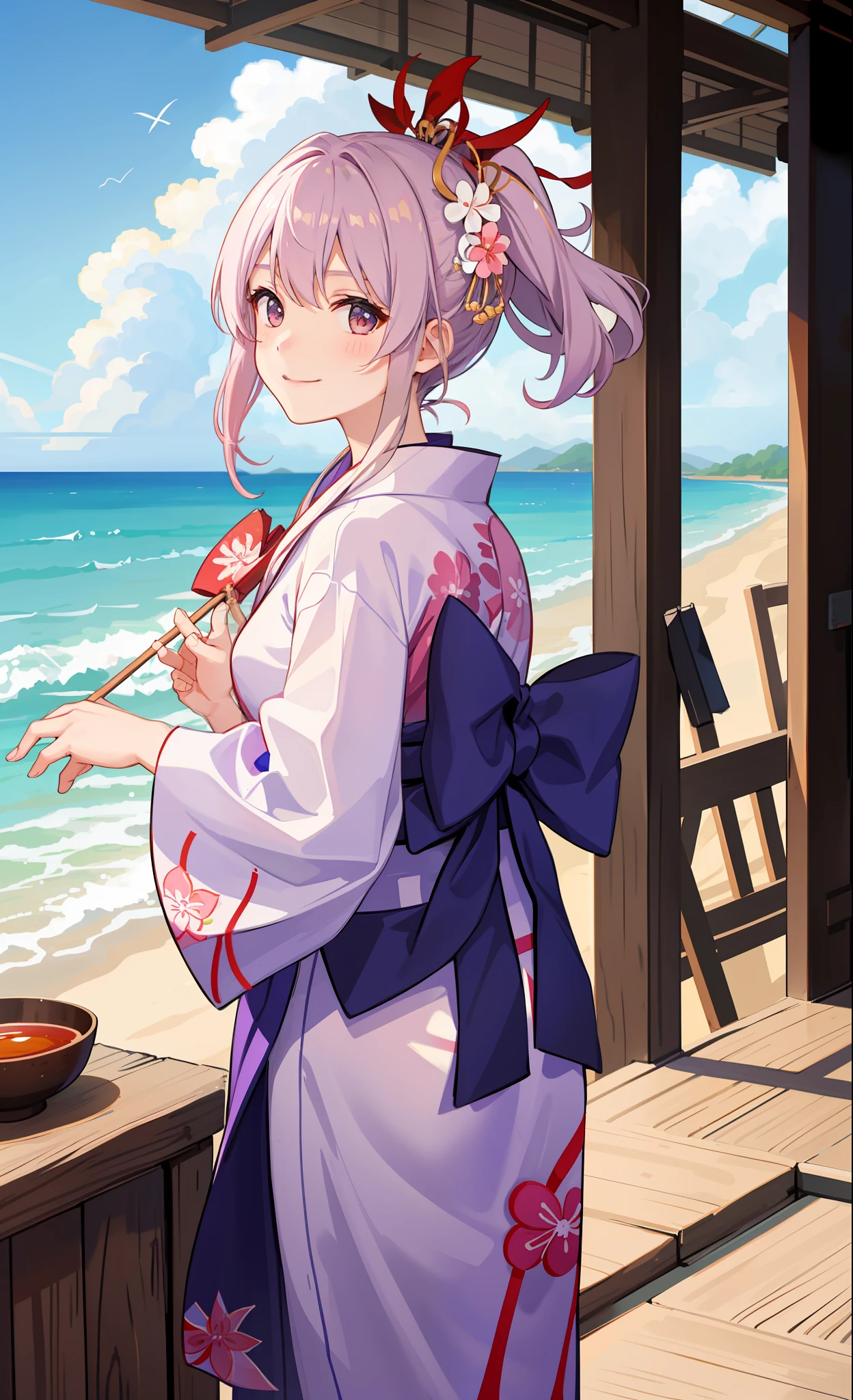 1girl in、A smile、Wearing a yukata、Summer Festivals、skyrocket、the wind、夏天、