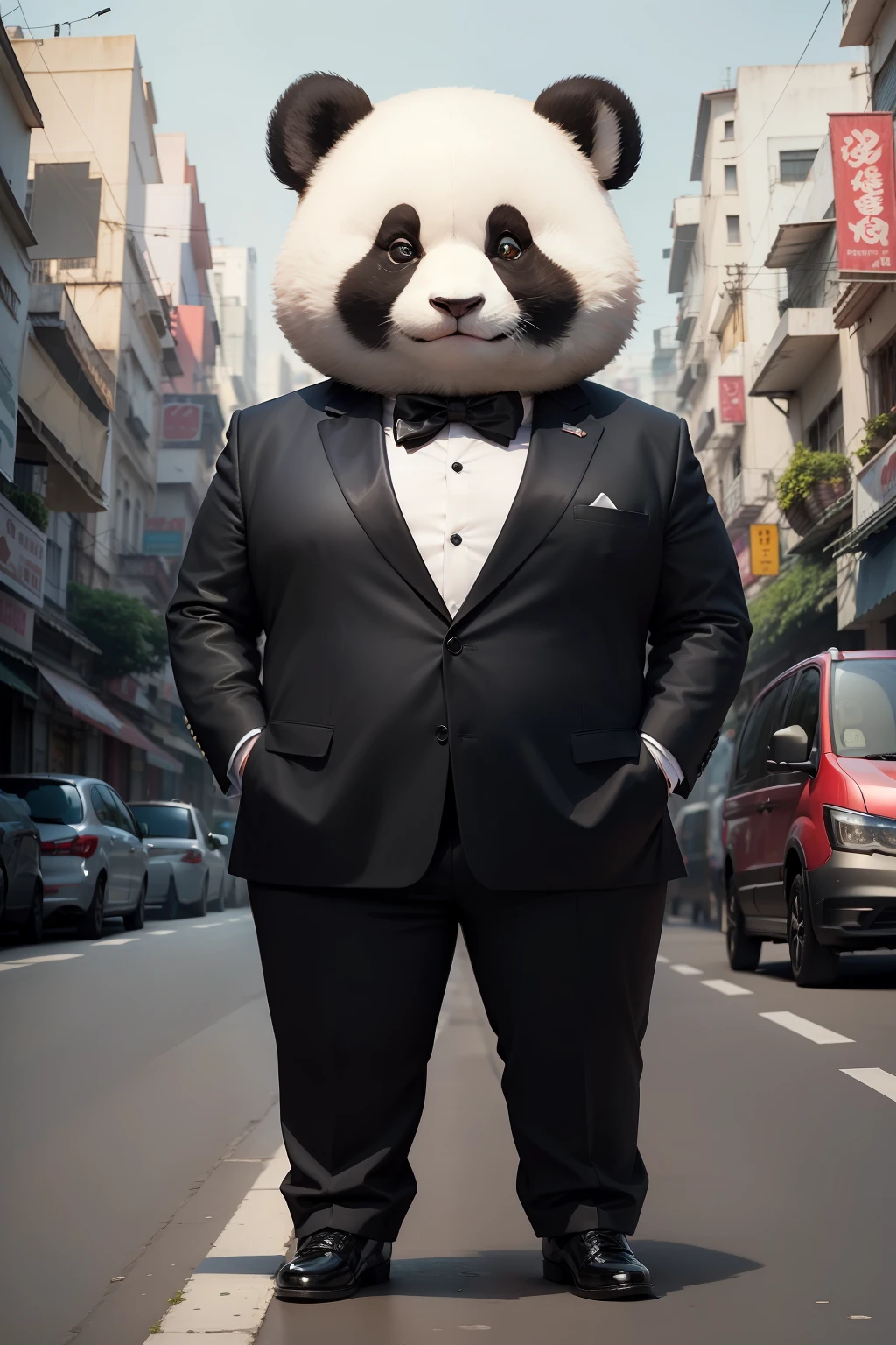 Realistic panda face person、The size of the face is no different from that of a human、Wearing a stiff tuxedo、Secret Shoes、I'm not hungry、Very slender、Proud、Boss、is standing、A city typical of Vietnam、