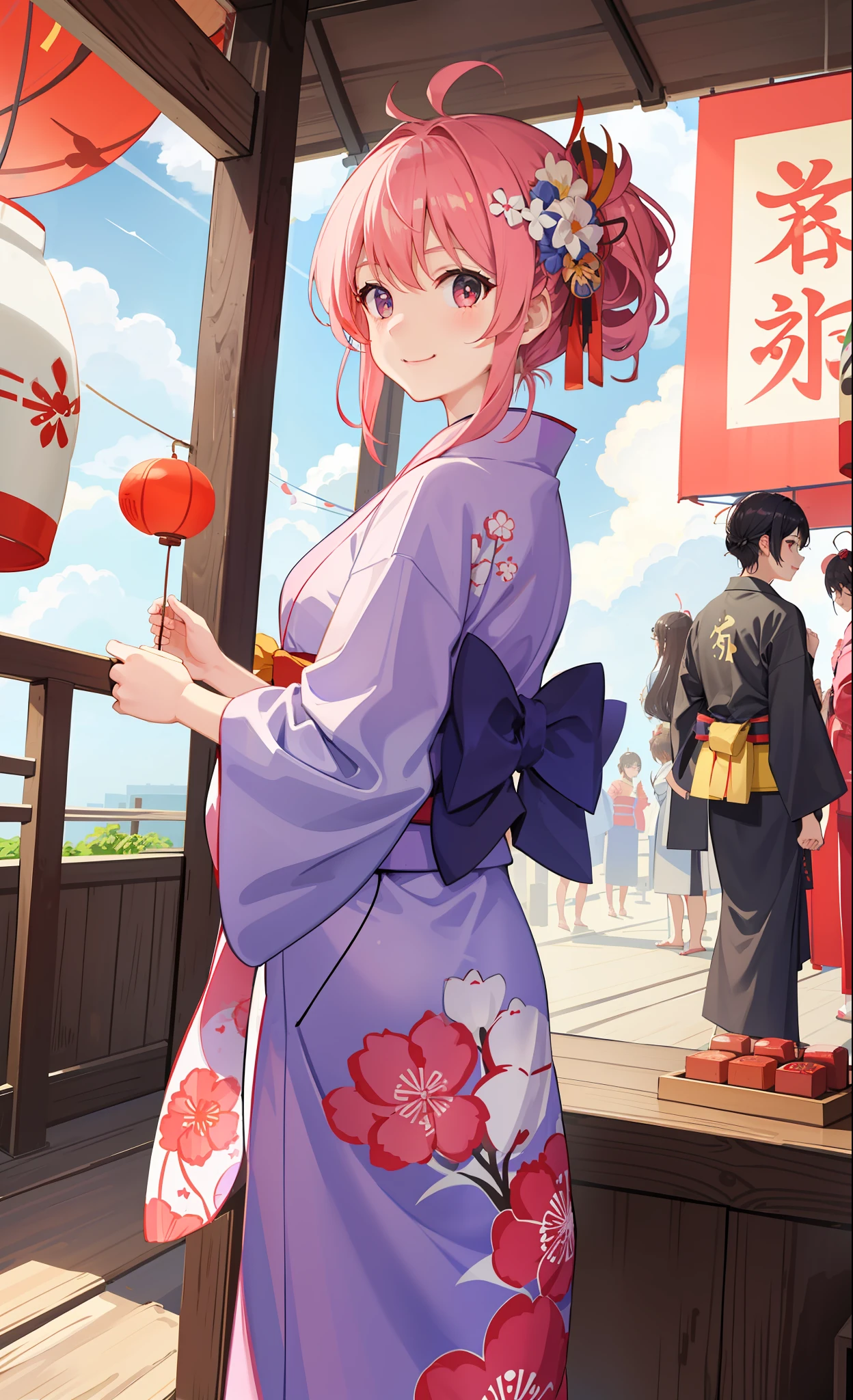 1girl in、A smile、Wearing a yukata、Summer Festivals、skyrocket、the wind、夏天、
