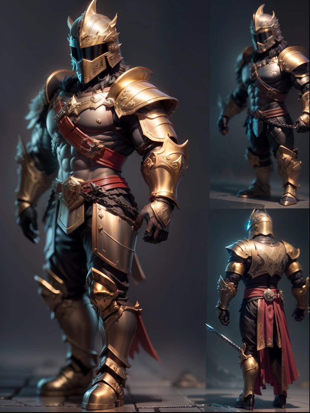 (Blind box toy style:1.2), (Full body shot) , 1 cute metal male barbarian, Delicate metal armor，Delicate metal opaque helmet, Baroque style, dreamy glow, Clean, Black draft,Black gold style， ( Global illumination, Ray traching, hdr, unreal render,reasonable design, high detal, Masterpiece, Best quality, hyper HD, Cinematic lighting)
