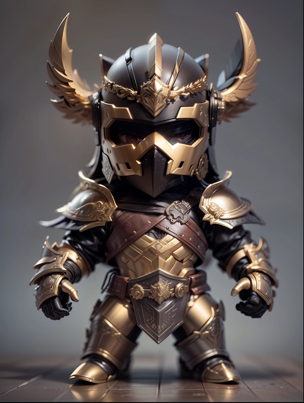 (Blind box toy style:1.2), (Full body shot) , 1 cute metal male barbarian, Delicate metal armor，Delicate metal opaque helmet, Baroque style, dreamy glow, Clean, Black draft,Black gold style， ( Global illumination, Ray traching, hdr, unreal render,reasonable design, high detal, Masterpiece, Best quality, hyper HD, Cinematic lighting)