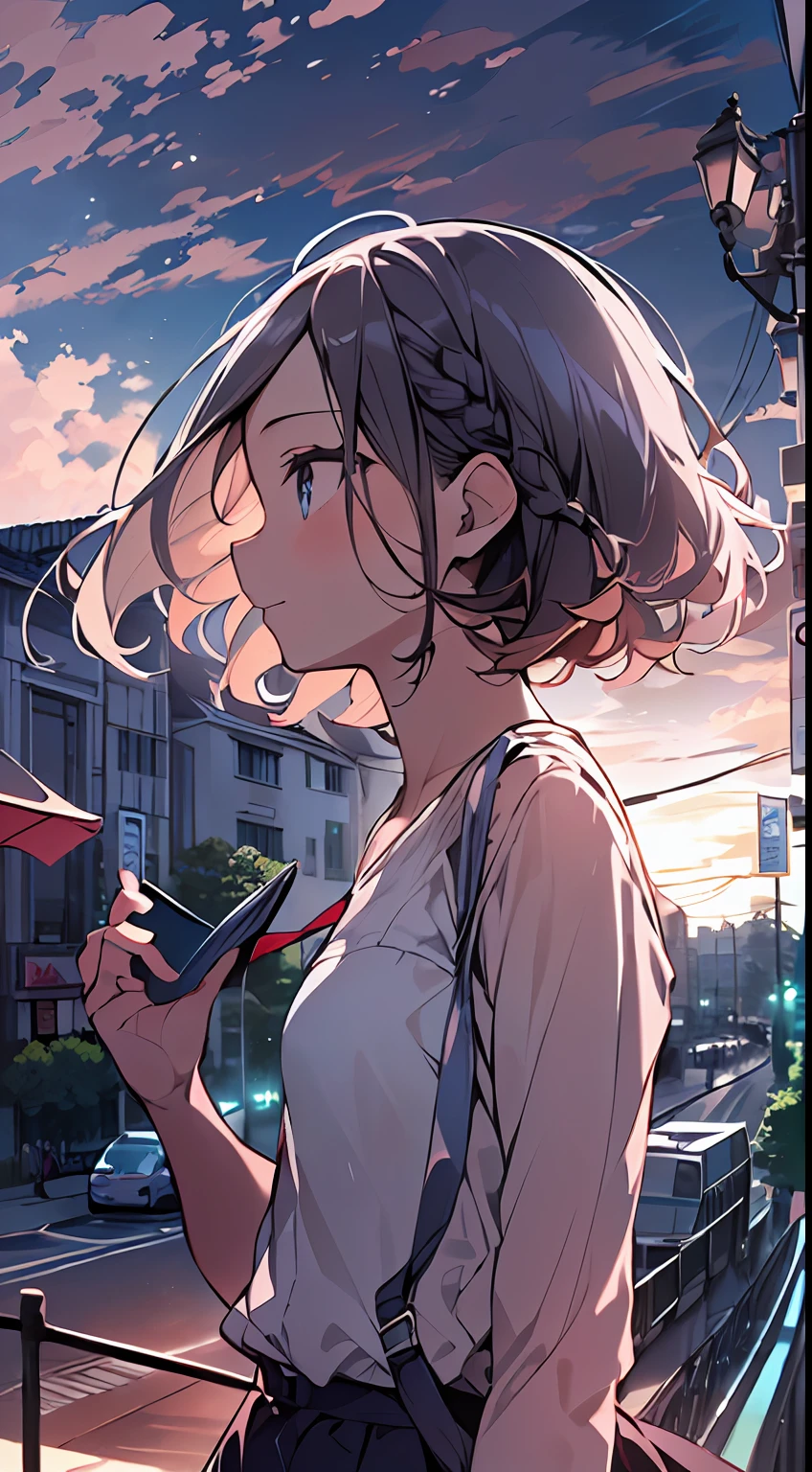 masutepiece, Best Quality,Illustration, Wallpaper, Ultra Detail, absurderes, 1girl in, Solo, (Medium short hair、short braided hair), Beautiful detailed eyes , (Street:1.3), luminous sky、Hair that flutters in the wind,(a panoramic view:1.3),(Sense of depth:1.5),(longshot:1.3)