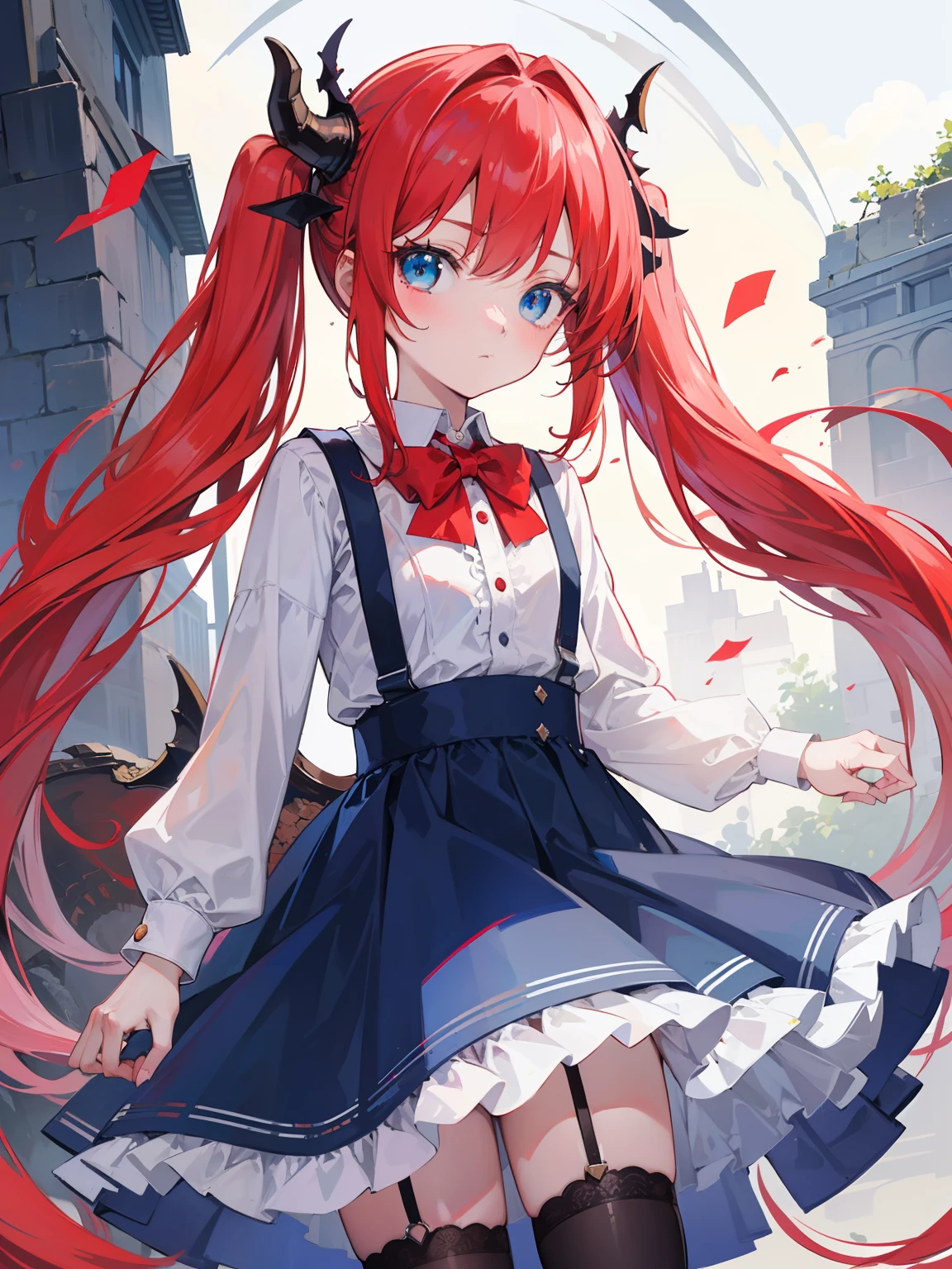 {{best quality}}, {{masterpiece}}, {{ultra-detailed}}, {illustration}, {detailed light}, red hair,blue eyes,twintails,ta,Suspenders skirt,Fantastic,lolio,Dragon horns,little gir