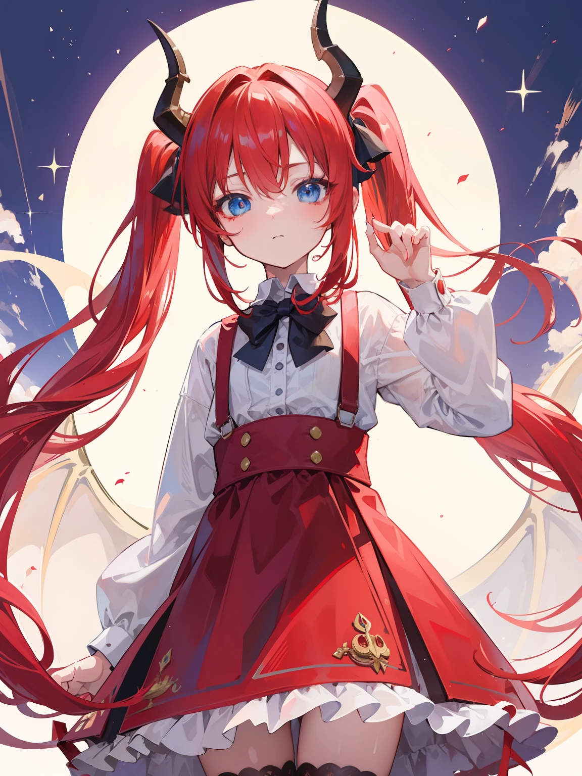 {{best quality}}, {{masterpiece}}, {{ultra-detailed}}, {illustration}, {detailed light}, red hair,blue eyes,twintails,lolita,Suspenders skirt,Fantastic,loli,solo,Dragon horns,little girl,long hair