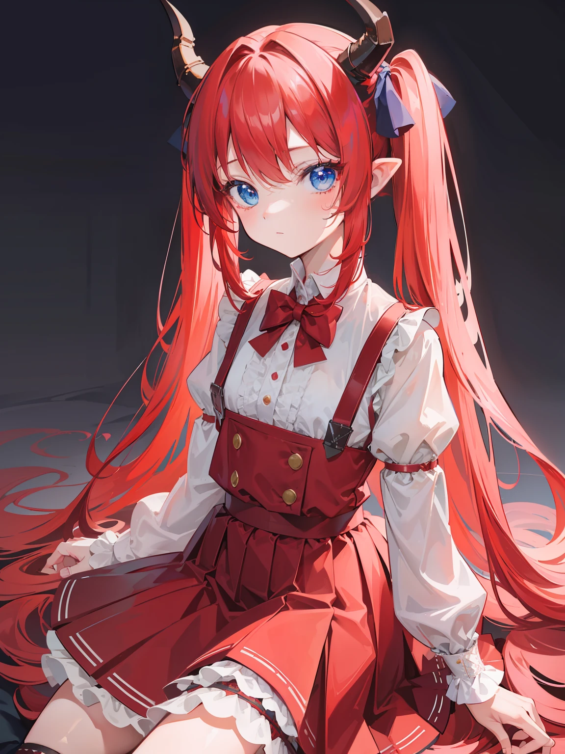 {{best quality}}, {{masterpiece}}, {{ultra-detailed}}, {illustration}, {detailed light}, red hair,blue eyes,twintails,lolita,Suspenders skirt,Fantastic,loli,solo,Dragon horns, girl,long hair